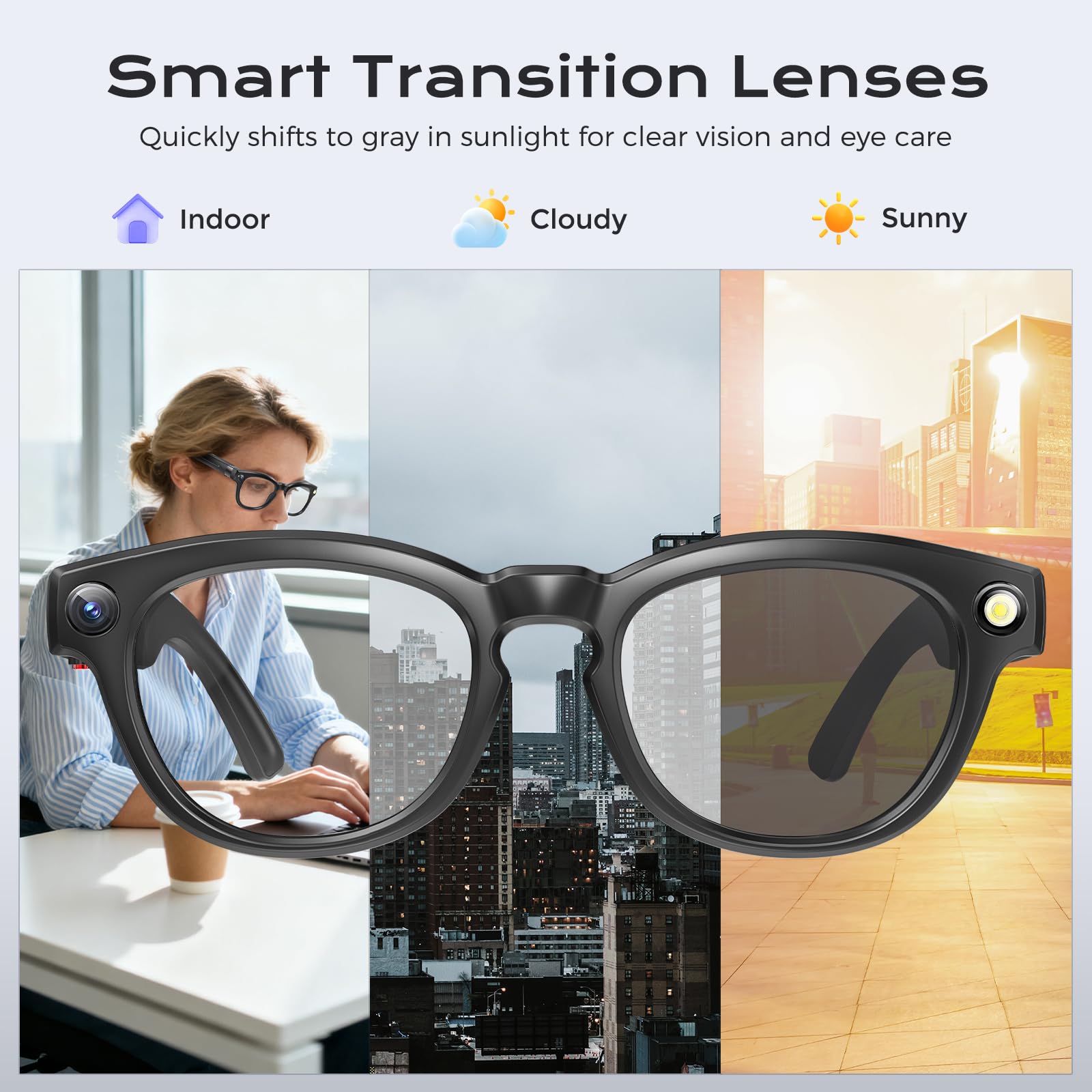 Occhiali Intelligenti AI con Fotocamera 4K, Lenti con Oscuramento Automatico, Assistente AI, Ottimizzazione delle Immagini, Supporto Multilingue, Memoria 32 GB, Batteria 8H, Bluetooth 5.3