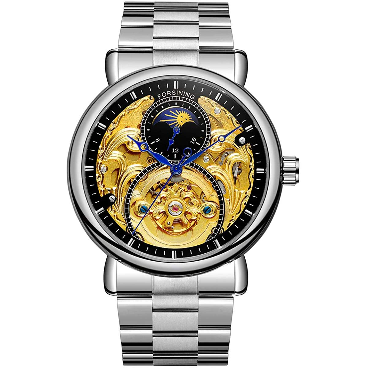 MASTOP Herren Automatik Analog Uhr Mode Skelett Tourbillon Wasserdicht Mondphase Edelstahl Business Mechanische Uhr