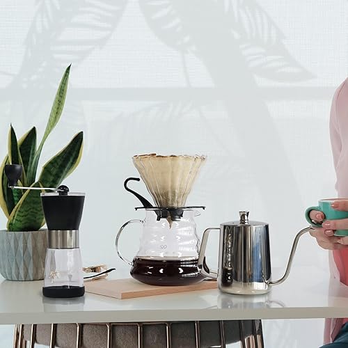 Miniatura 8 de SOTECH Juego de cafetera con cuello de cisne negro, soporte de filtro de madera, gotero de café, servidor de vidrio con filtros de café de papel,