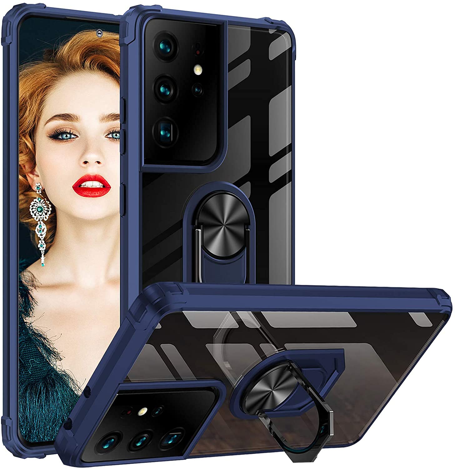 KASTWAVE Case Compatible with Samsung Galaxy S21 Ultra Case Shockproof Protective Cover Military-Grade Full Body Duty Clear with Metal Ring Kickstand Case for Samsung S21 Ultra Cover Case (Blue)