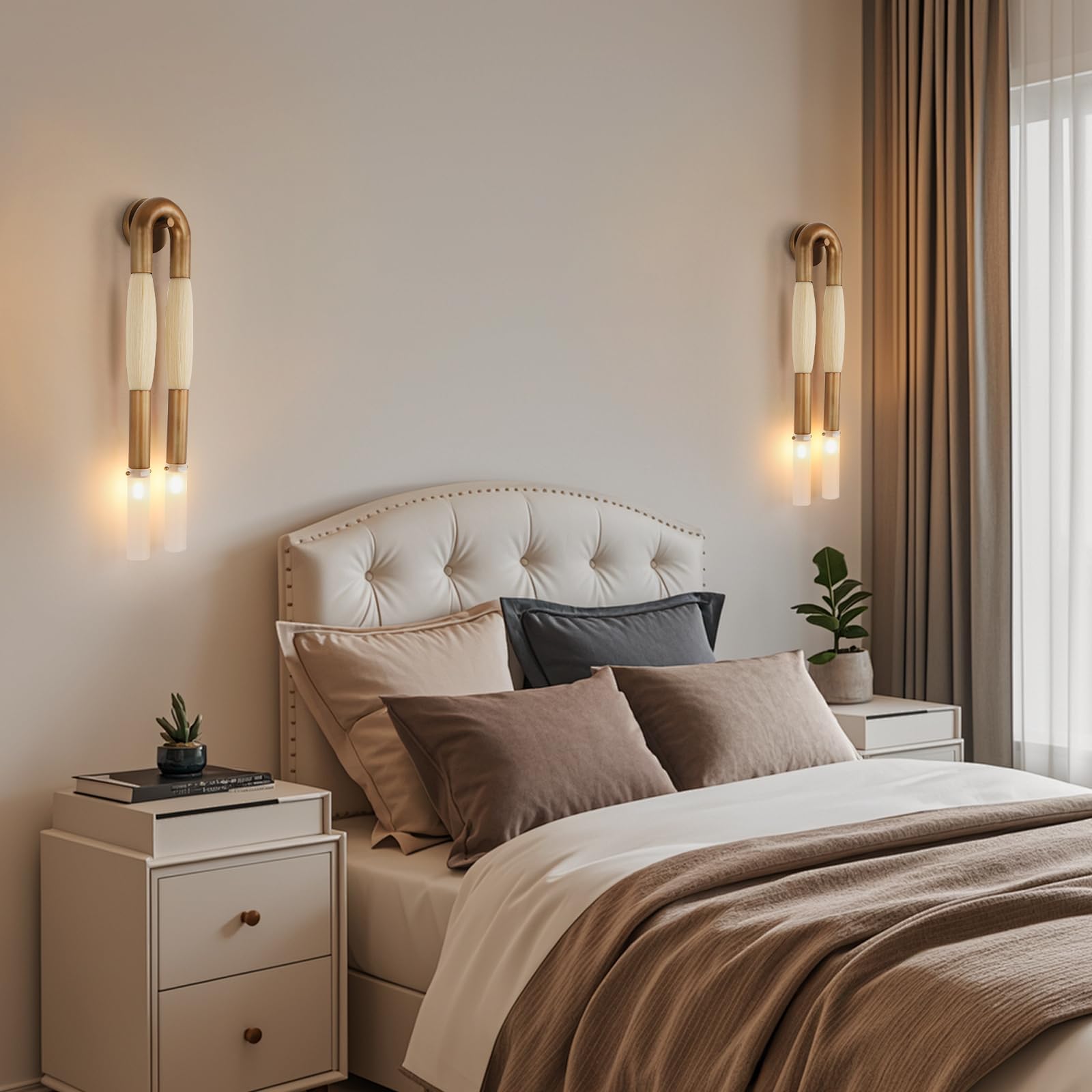 Applique da parete in ottone stile Mid-Century Modern da 76 cm (30 pollici), con vetro satinato e rivestimento in crine di cavallo bianco sporco, ideale per corridoio, camera da letto e soggiorno.