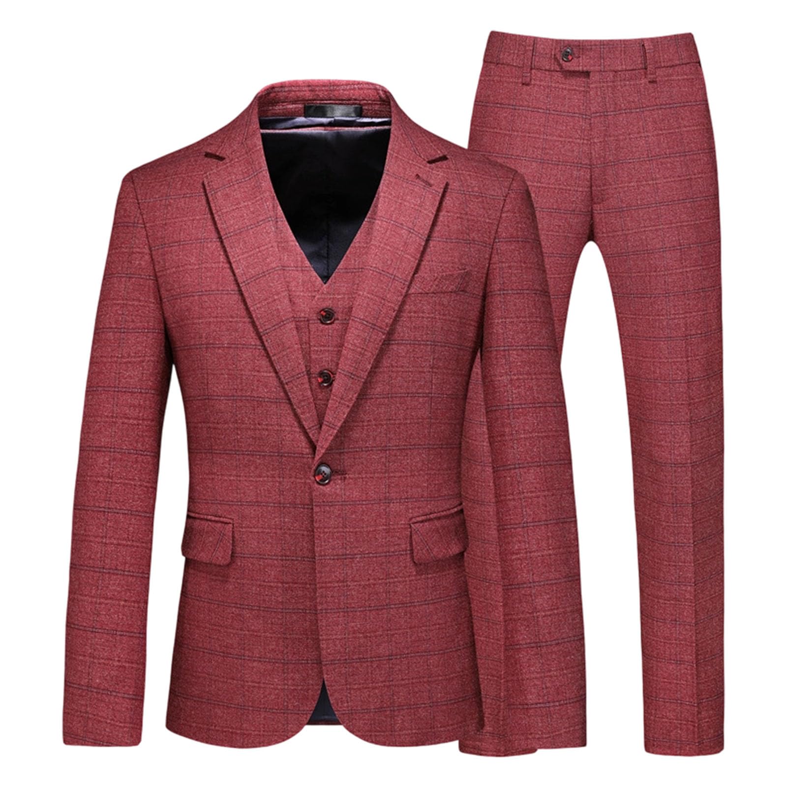 Completo da Uomo in Tweed gessato a 3 Pezzi, vestibilità Slim, con Un Bottone, Rosso, Taglia XL