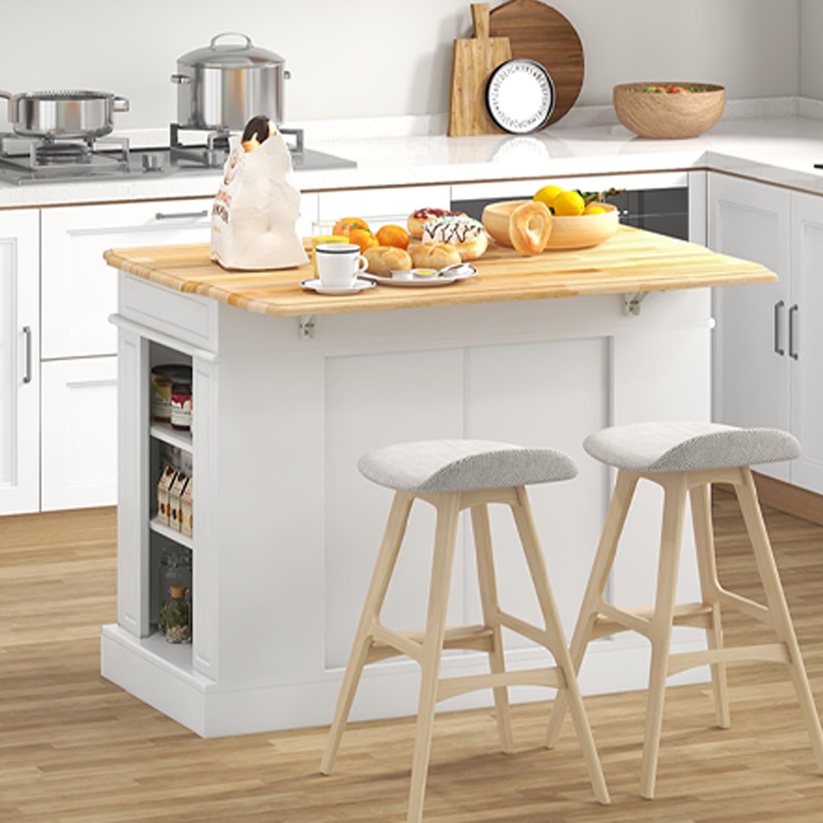KOMFOTTEU Îlot Central Mobile avec Plan de Travail en Bois Massif, Desserte de Cuisine avec 2 Tiroirs & Étagères latérales à 3 Niveaux, Desserte de Service, 120 x 61 x 92 cm (Blanc)