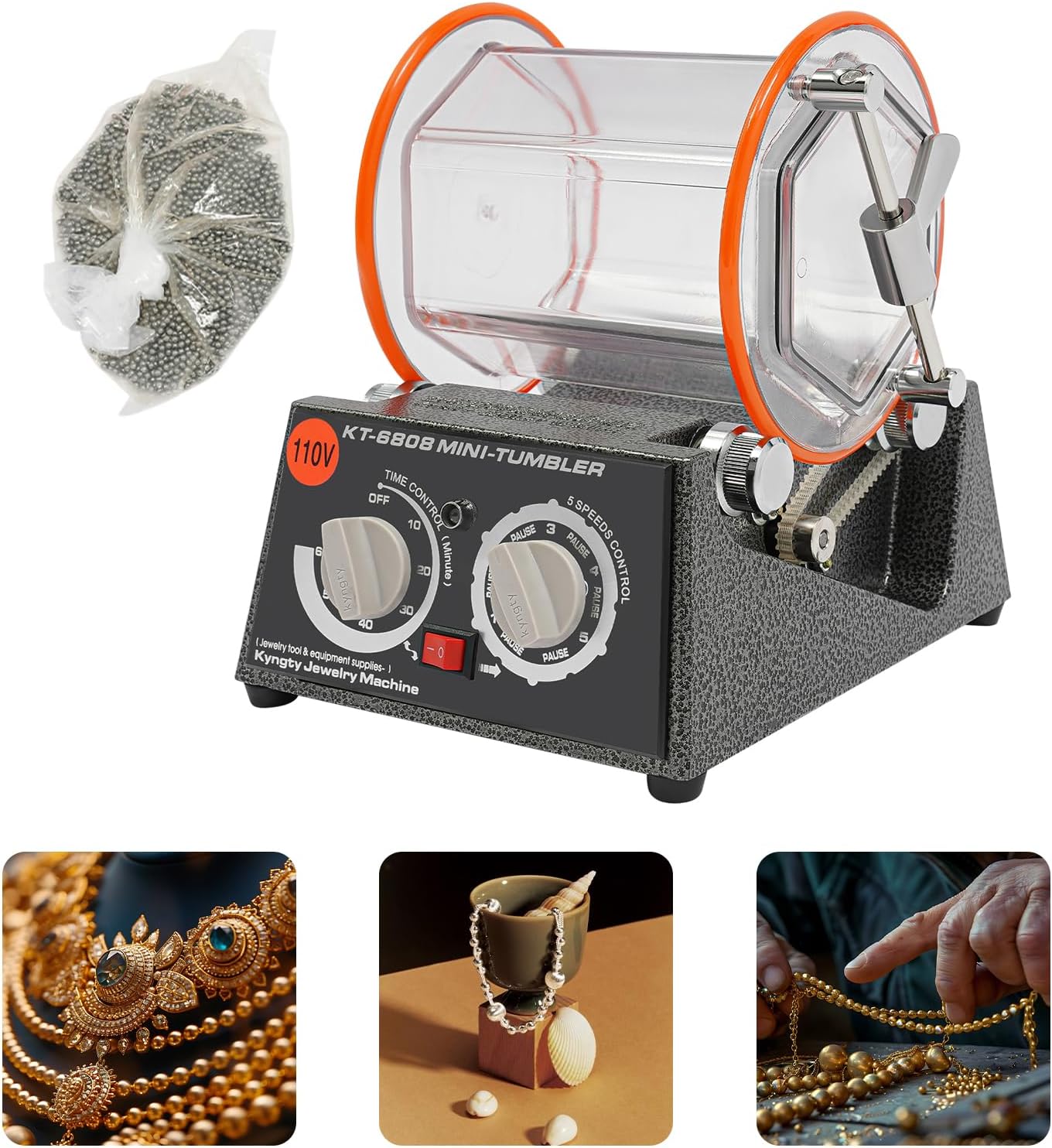 60W Rotary Polishing Machine with 200 Pcs Buffing Wheels｜5-Speed Jewelry Polisher w/Timer & Reverse Function｜Professional Metal Woodworking Tool Kit for DIY Crafts