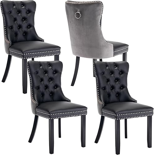 Miniatura 49 de Juego de 4 sillas de comedor de terciopelo, sillas de comedor tapizadas con ribete de cabeza de clavo, patas de madera, anillo de tracción, sillas