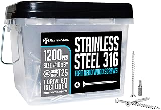 #10 x 3 Marine Grade Type 316 Stainless Steel Wood Screws - 1200 Pack with T25 Bit – Torx Flat Head Type 17 Point Ideal for Decks, Fences, and Coastal Construction
