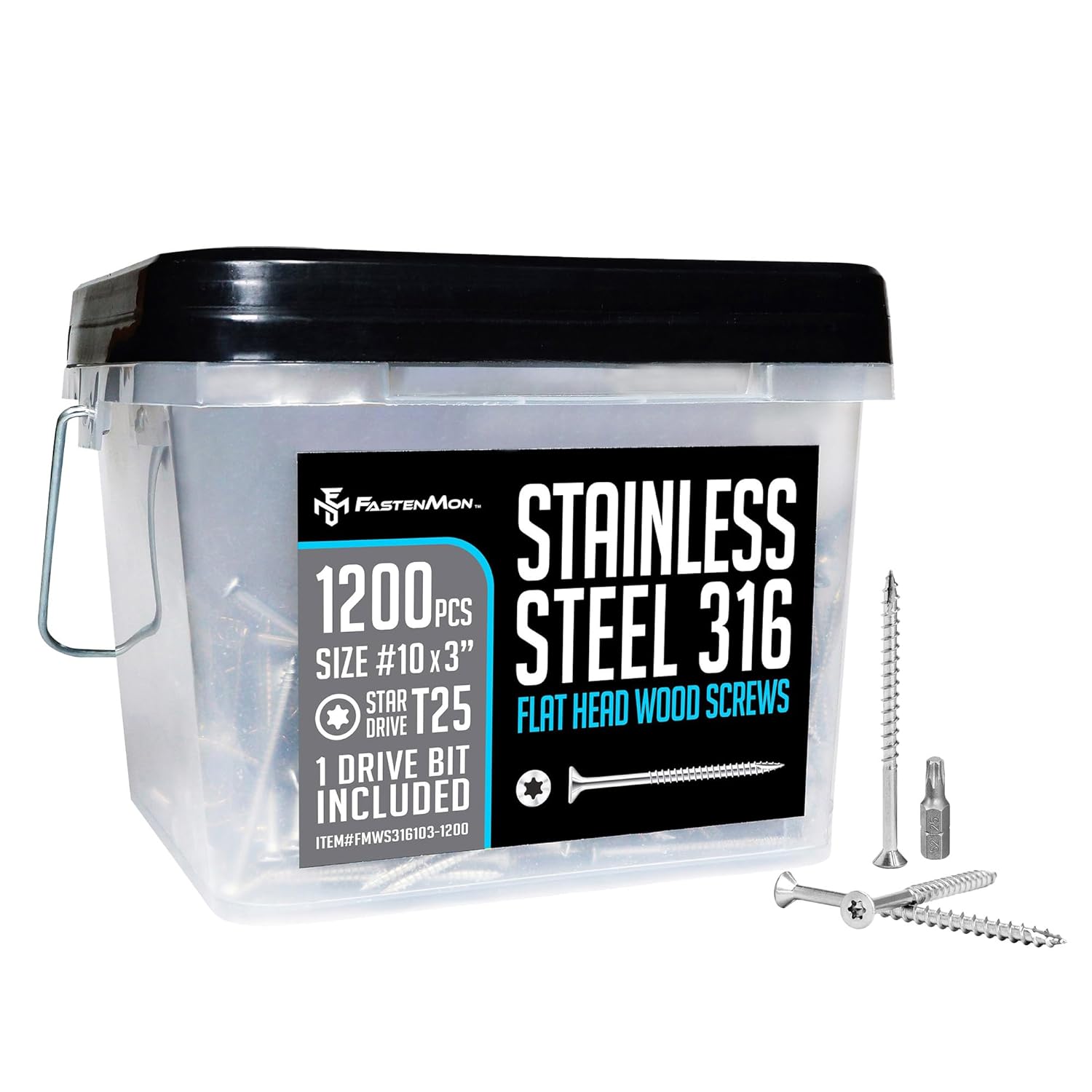 #10 x 3 Marine Grade Type 316 Stainless Steel Wood Screws - 1200 Pack with T25 Bit – Torx Flat Head Type 17 Point Ideal for Decks, Fences, and Coastal Construction