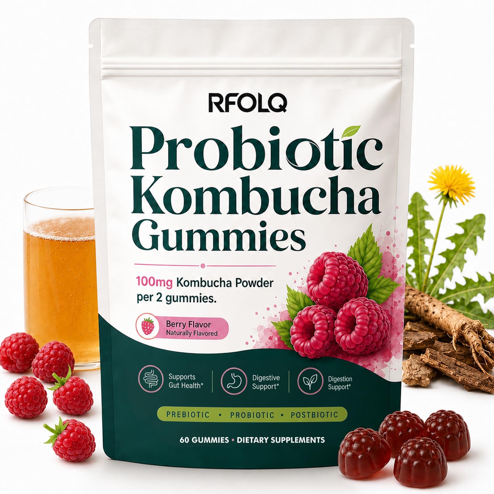 Probiotic Kombucha Gummies with Prebiotics & Postbiotics Fiber Supplement