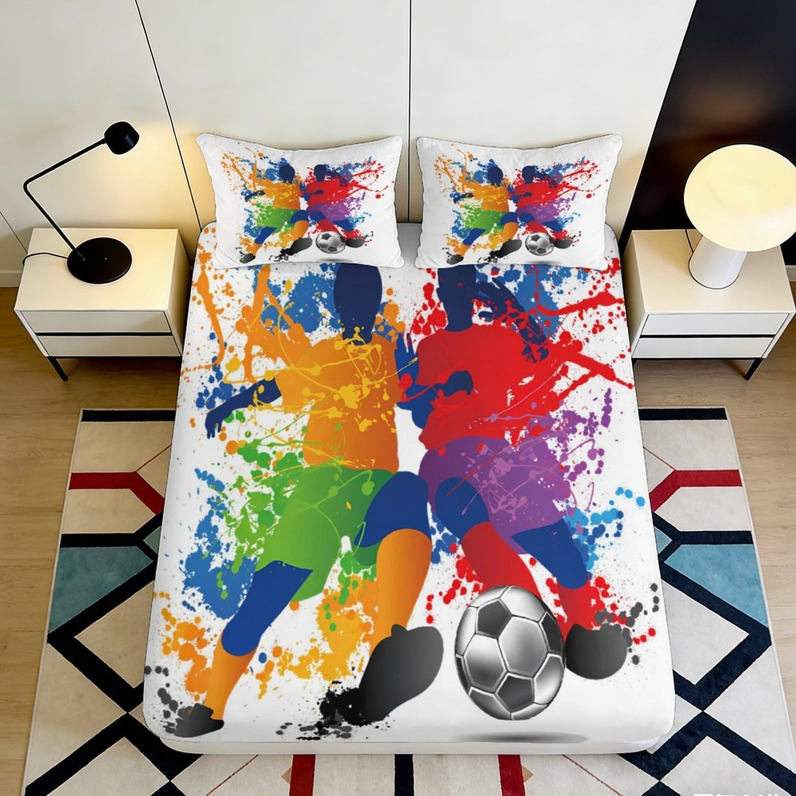3D Printed Colorful Soccer Splash Fitted Sheet Microfiber Soft Mattress Cover for Bedroom Dorm Apartment Decor 120x200cm 200x200x25cm