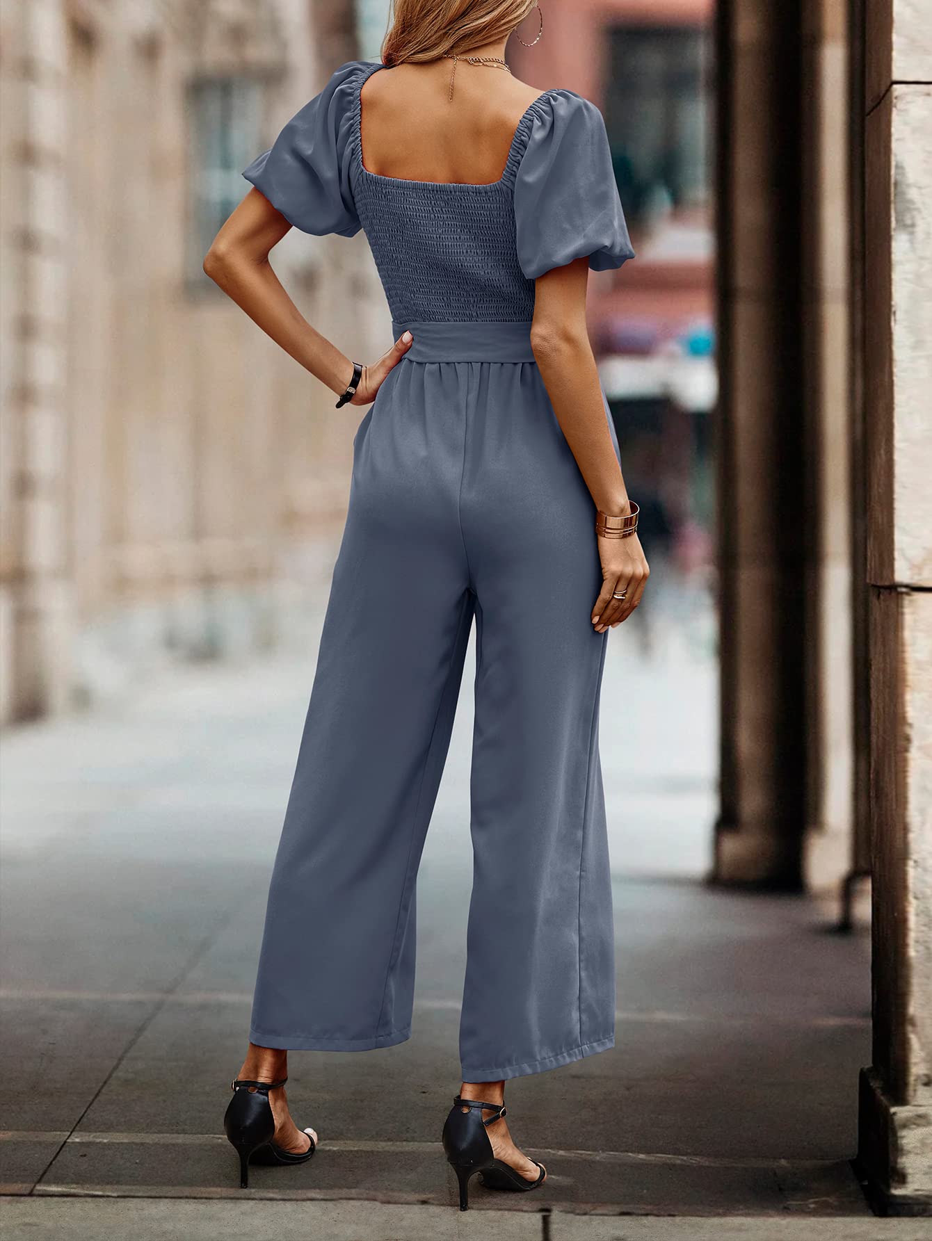 Mono elegante de verano para mujer, con escote cuadrado y cinturón, manga corta, mangas abullonadas, pernera ancha