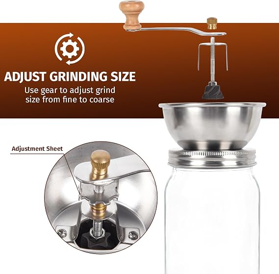 Mason Jar Coffee Grinder, Manual Coffee Grinder Lid Attachment for Regular Mouth Mason Jars, Stainless Steel Mason Jar Lid and Ceramic Burr, Ideal for Camping & Home Barista