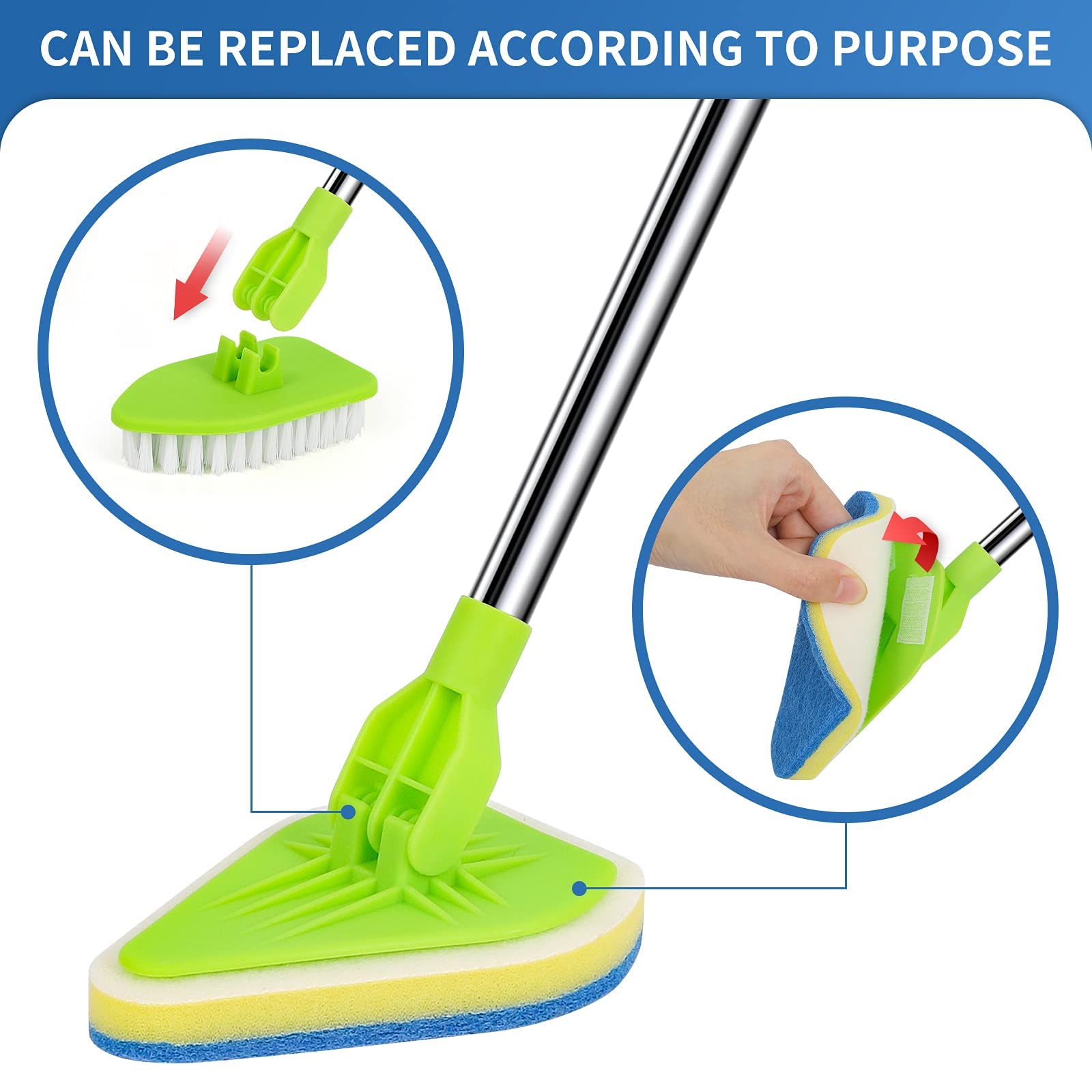 Cepillo de Limpieza 2 en 1 con Mango Extensible de 37 Pulgadas de Largo, 1 cerdas rígidas y 3 cepillos de Esponja, Limpiador de Ducha Desmontable Ligero para Limpiar baño, Ducha, bañera,