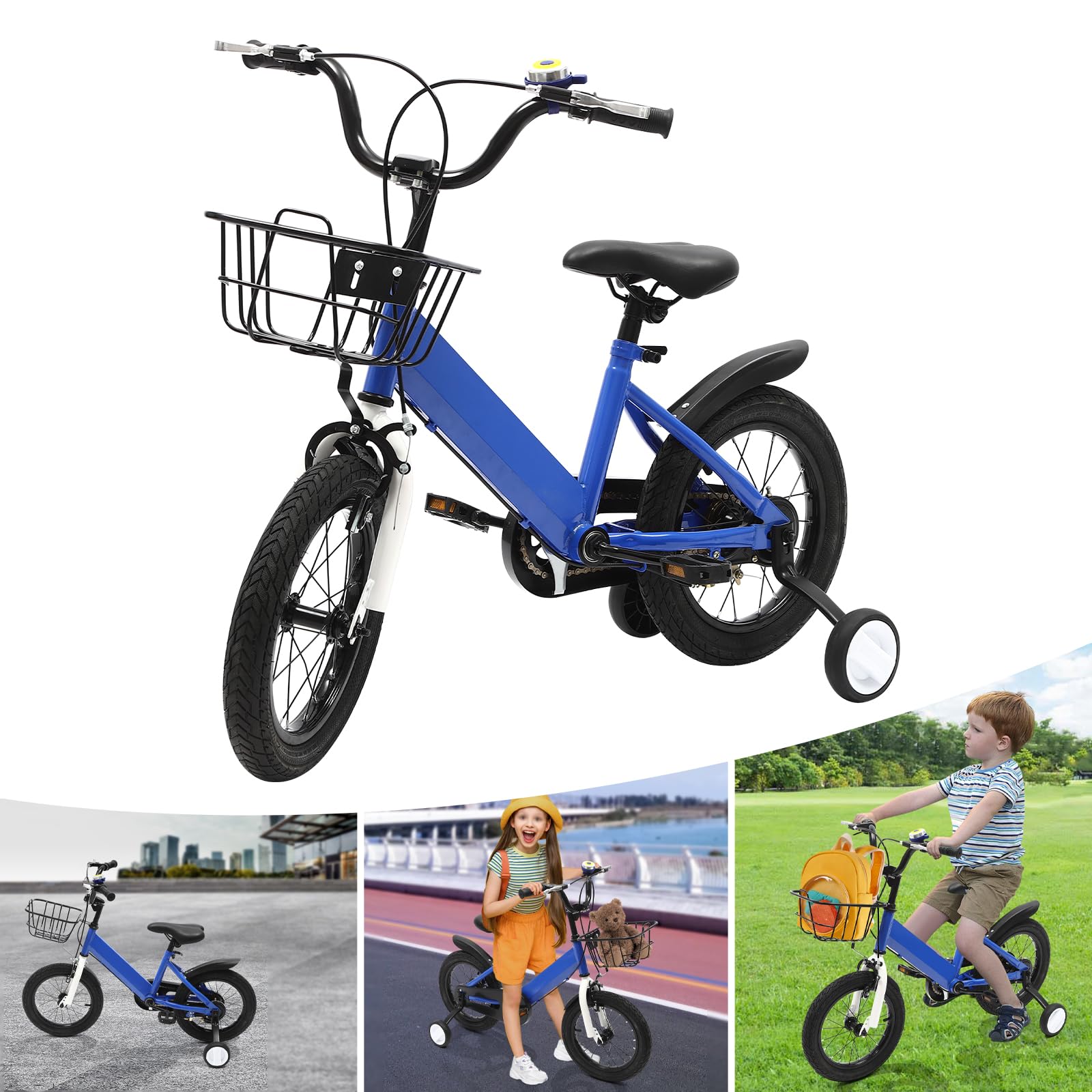 Vélo enfant 14 pouces roues stabilisatrices équilibre garçons filles 3-6 ans siège réglable rétropédalage frein main