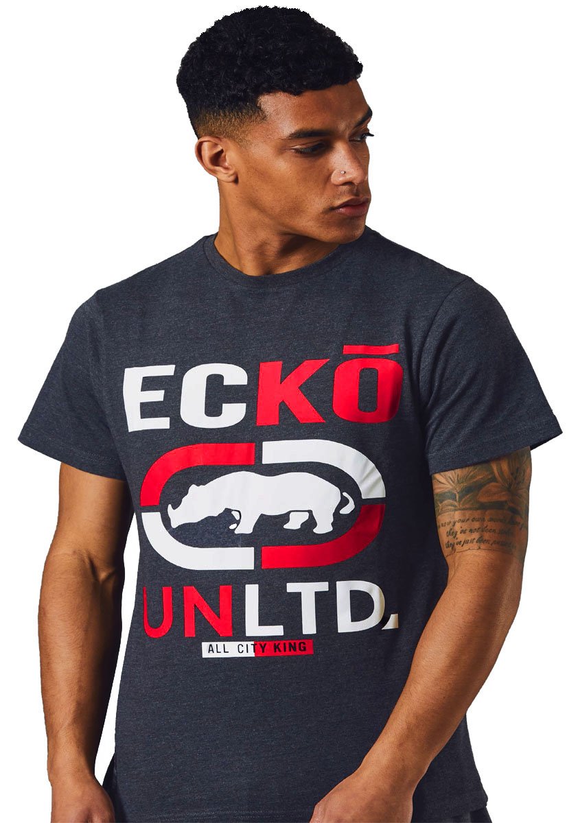 Marc Ecko Men's Heather Charcoal Ecko Unltd T-Shirt Short Sleeve Top Tee Sport Graphic Summer Brands Hatch, S