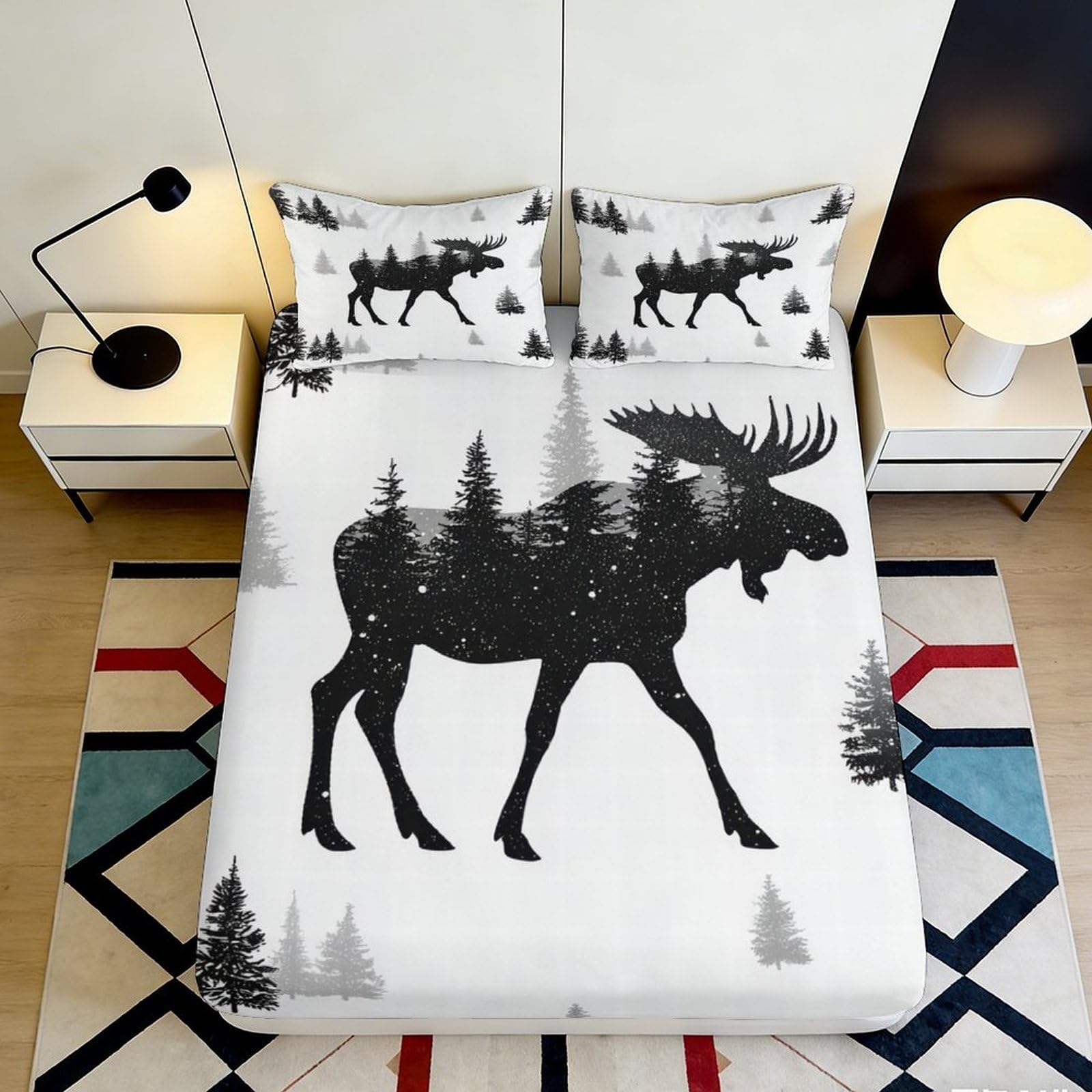 3D Printed Moose Forest Fitted Sheet Microfiber Anti-Slip Bed Sheet for Bedroom Guest Room Mattress Cover Decor 140x200x25cm
