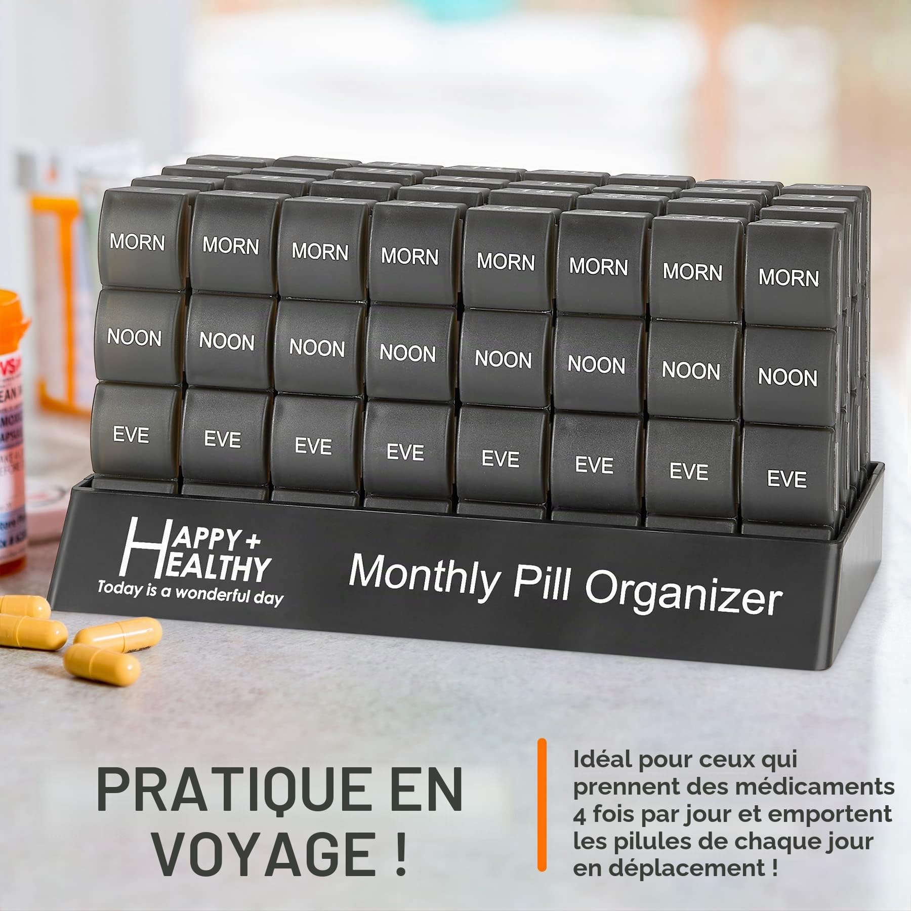 Pilulier mensuel - 4 fois par jour matin-midi-soir-nuit - Grands piluliers quotidiens 32 avec compartiments pour vitamines, suppléments, médicaments - Pilulier mensuel de voyage, noir