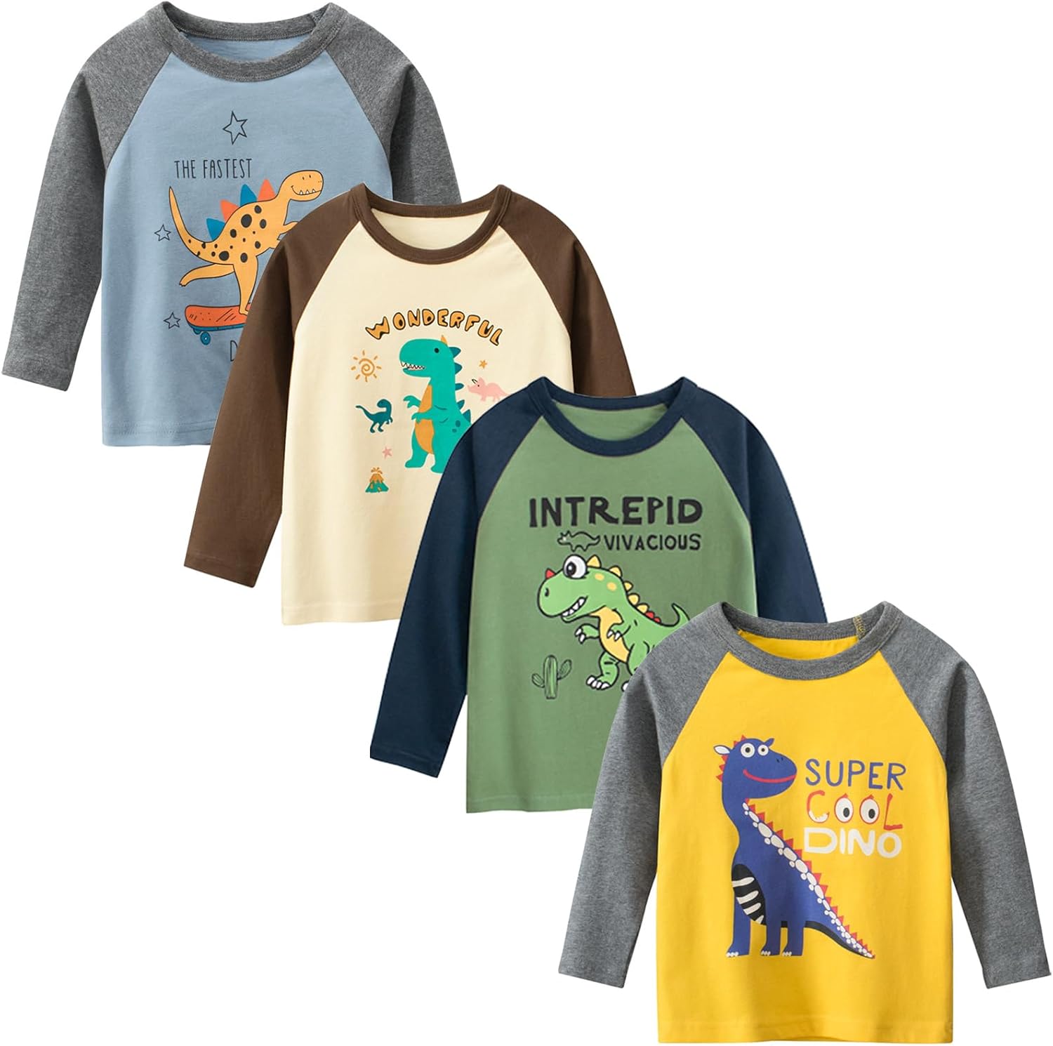 Toddler Boys Long Sleeve T-Shirts Cotton Dinosaur Shirts Crewneck Graphic Tees 4 Pack