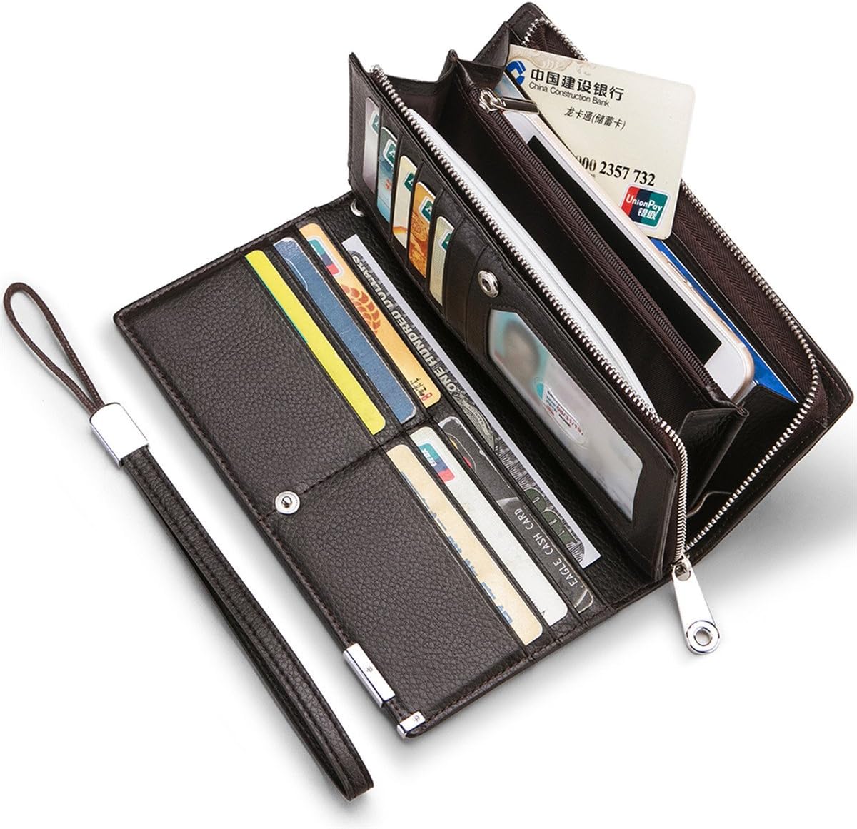 Huztencor Long Wallets for Men Leather RFID Blocking Wallet Bifold Slim Credit Card Holder Zipper Clutch Purse with Wrist Strap Coffee(Size: Large) - Image 3