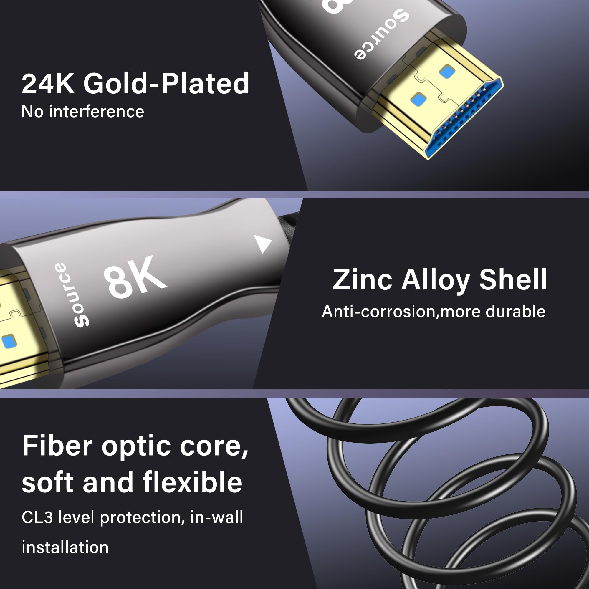 PremiumCord 8K Cavo in Fibra Ottica HDMI 2.1, velocità Ultra Elevata 48 Gbit/s, 3D, EDID, Arc, HDR, Risoluzione 8K@60Hz 4320p, 4K@120Hz, Compatibile con PS5, Xbox Series X, PC, TV, Placcato Oro, 10 m