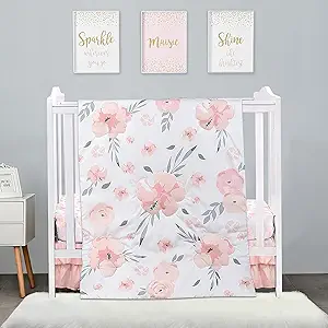 PINNKKU 3-Piece Mini Crib Bedding Set for Girls, Mini/Portable Crib Bedding Set for Girls, Blush Pink Flower Crib Skirt, Blanket, Crib Sheet, Fits Mini Crib Only