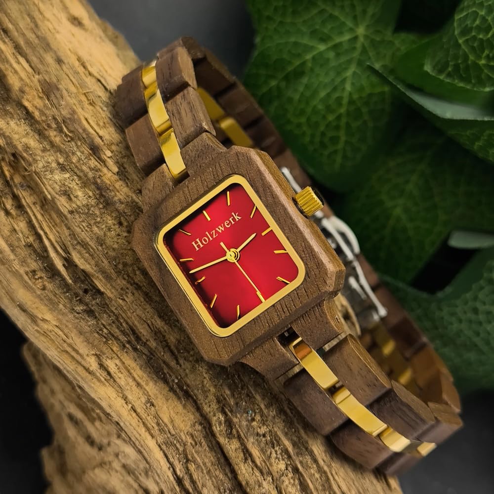 Holzwerk Germany Ręcznie wykonany designerski zegarek damski ekologiczny naturalny drewniany zegarek brązowy zielony złoty drewniany zegarek analogowy prostokątny klasyczny zegarek kwarcowy,