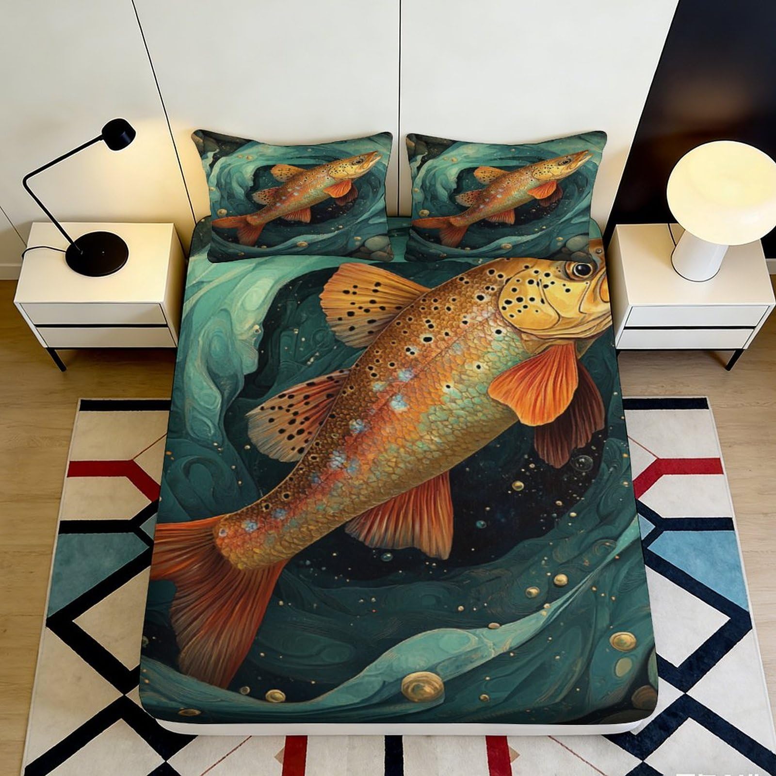 3D Printed Fish Ocean Fitted Sheet Microfiber Soft Non-slip Trout River Mattress Cover for Bedroom Home Decor 90x200x25cm