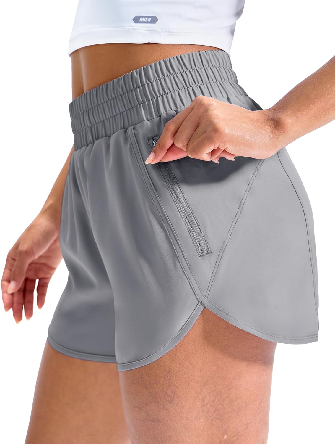 MIER Women's Running Shorts with Zipper Pockets, Mid-Waisted Quick Dry Athletic Workout Sport Short with Mesh Liner, 3"