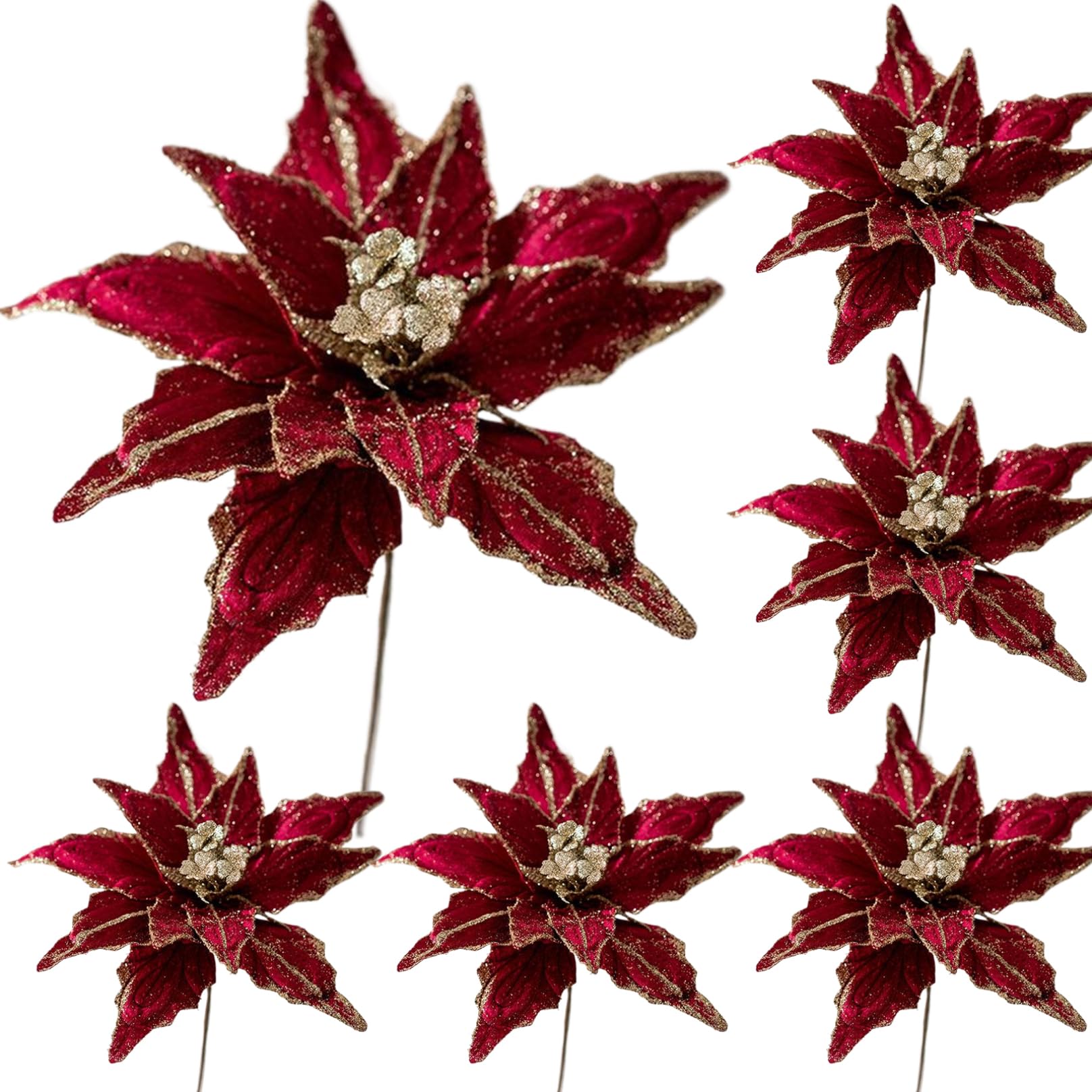 Hbbgdiy Burgundy 6Pcs Poinsettia Flowers Artificial 11 Inch Soft Christmas Flowers With Glitter Powder For Tree Ornaments, Holiday Wreaths, Xmas Garland, Home Party And New Year Decorations,