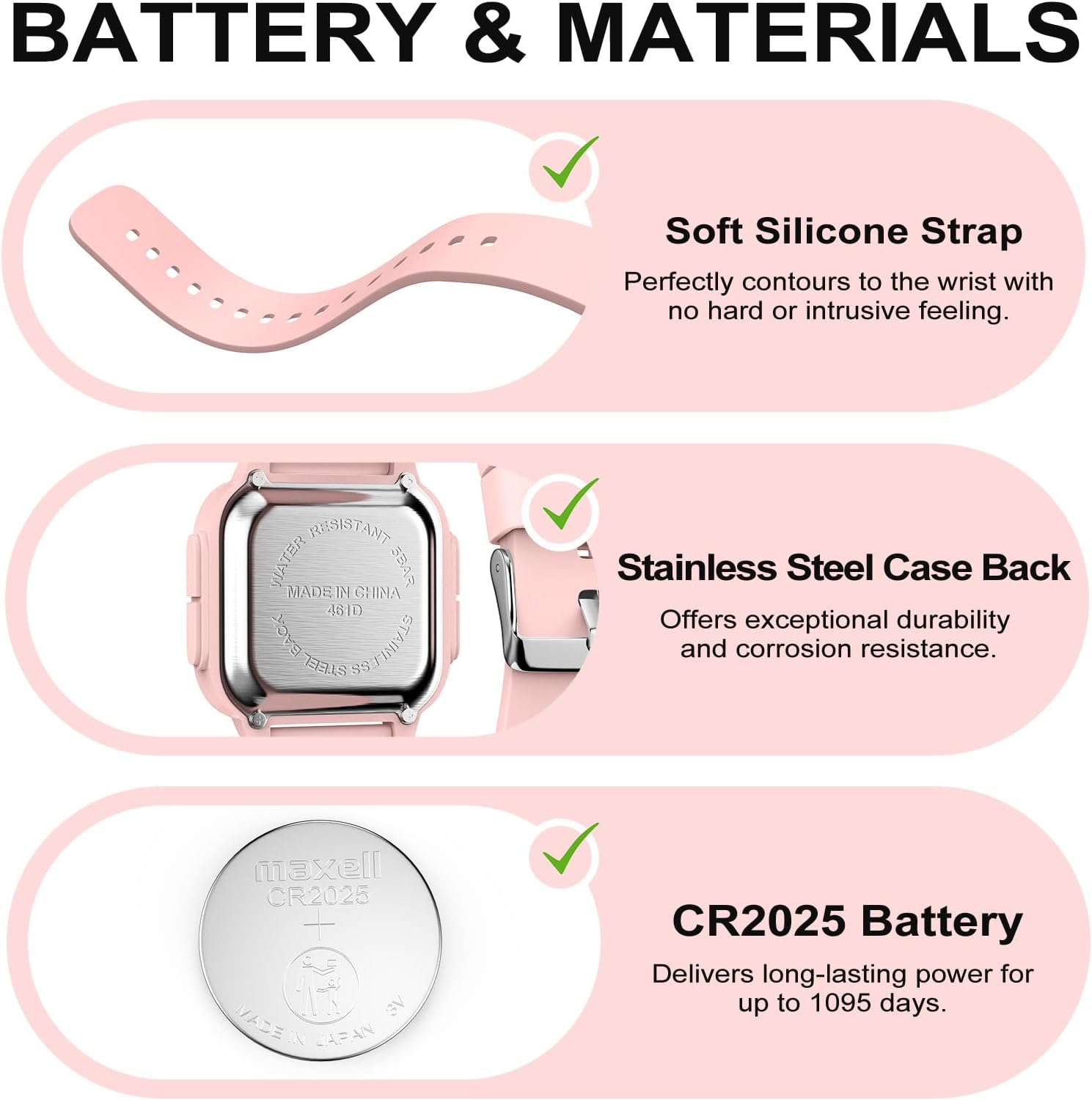 Close-up of the Edillas digital watch's soft silicone strap, stainless steel case back, and CR2025 battery