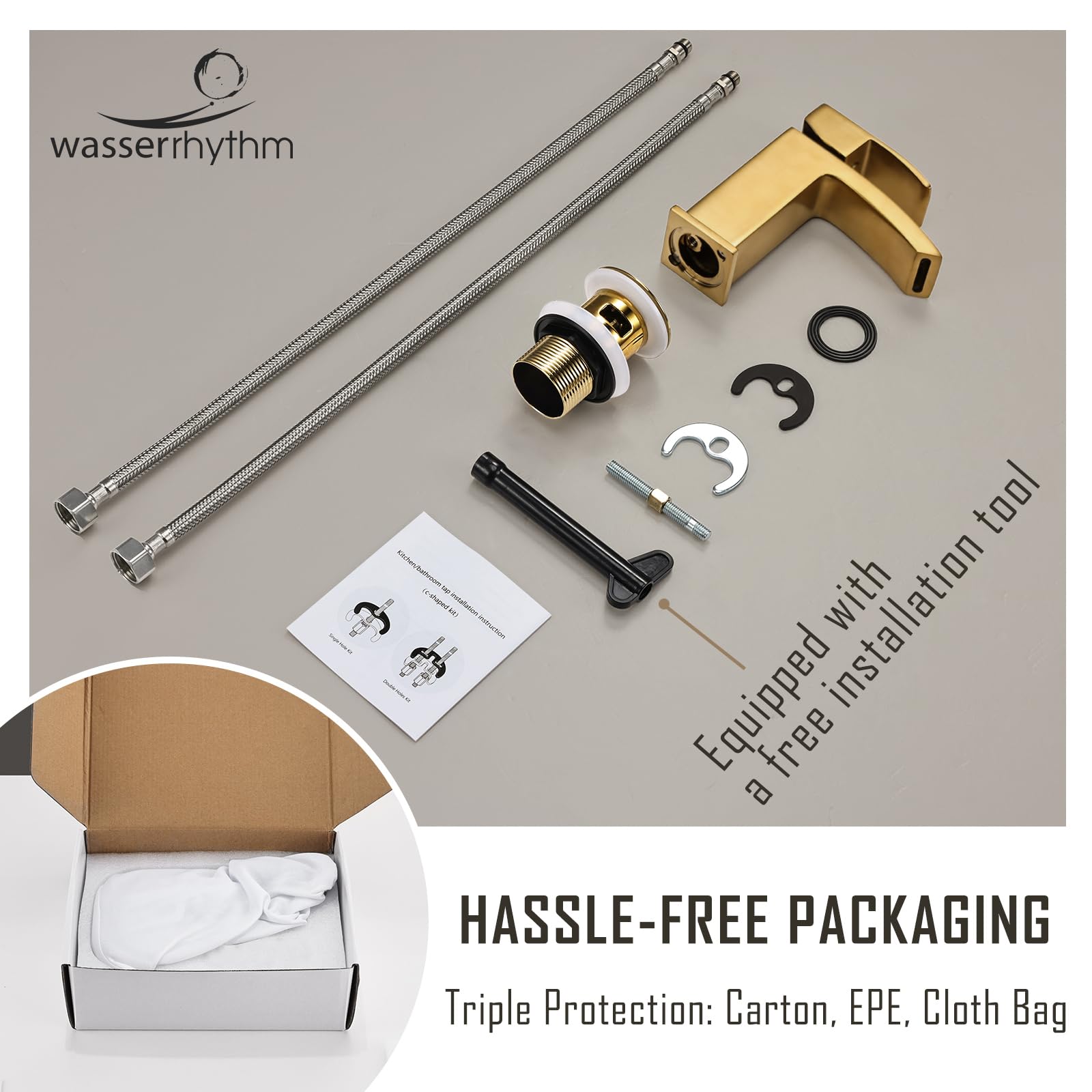 Hapilife Rubinetti per lavabo Miscelatore a cascata con scarico a scomparsa Rubinetti per lavabo da bagno in oro spazzolato Rubinetti miscelatori quadrati oro mono guardaroba rubinetto monoblocco 1