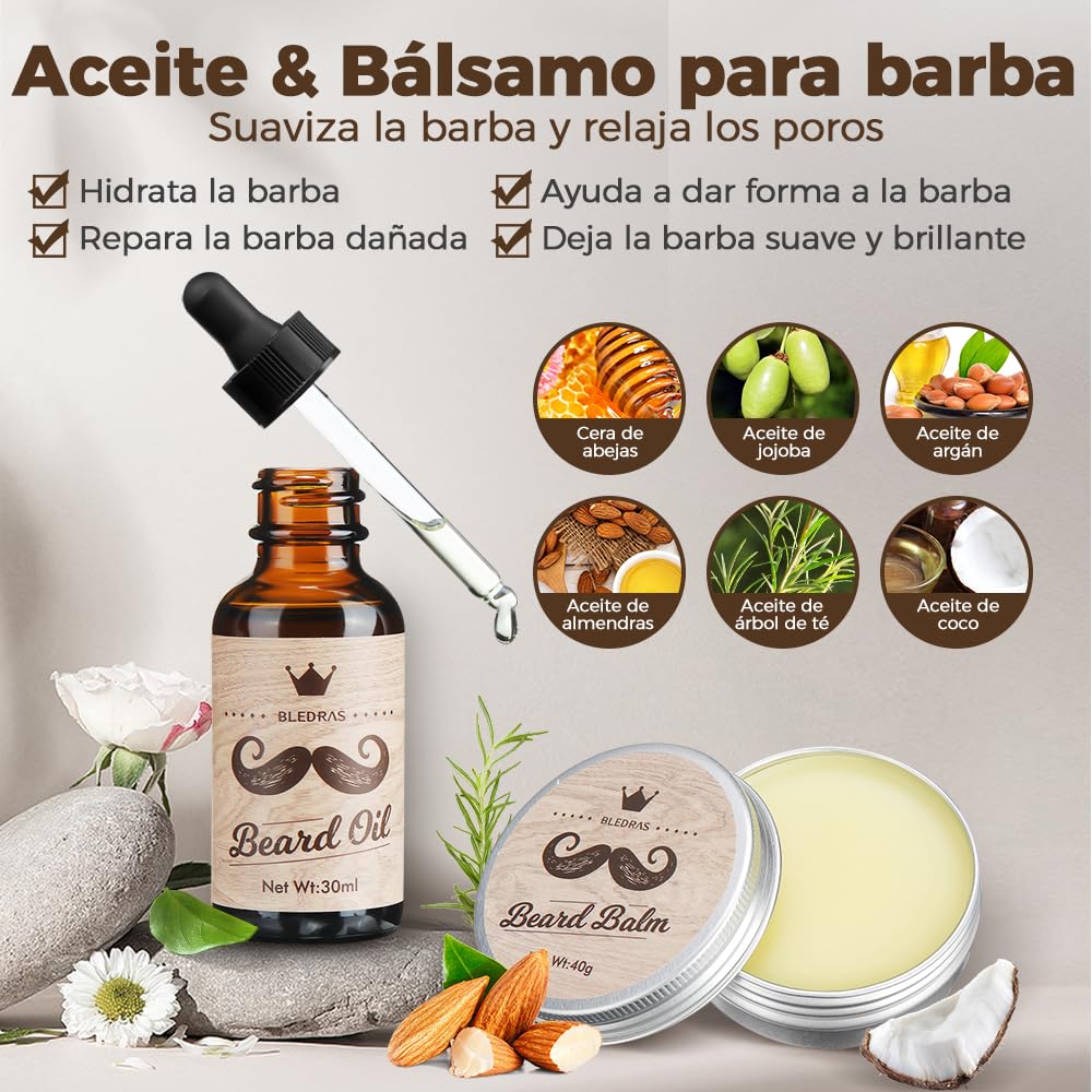 Bledras Kit Cuidado Barba Hombre 13 en 1, Cuidado Barba Hombre con Aceite Para Barba, Champú Para Barba, Crema Para Barba, Lápiz Para Barba, Tijeras, Cepillo Para Barba, Peine Para Barba