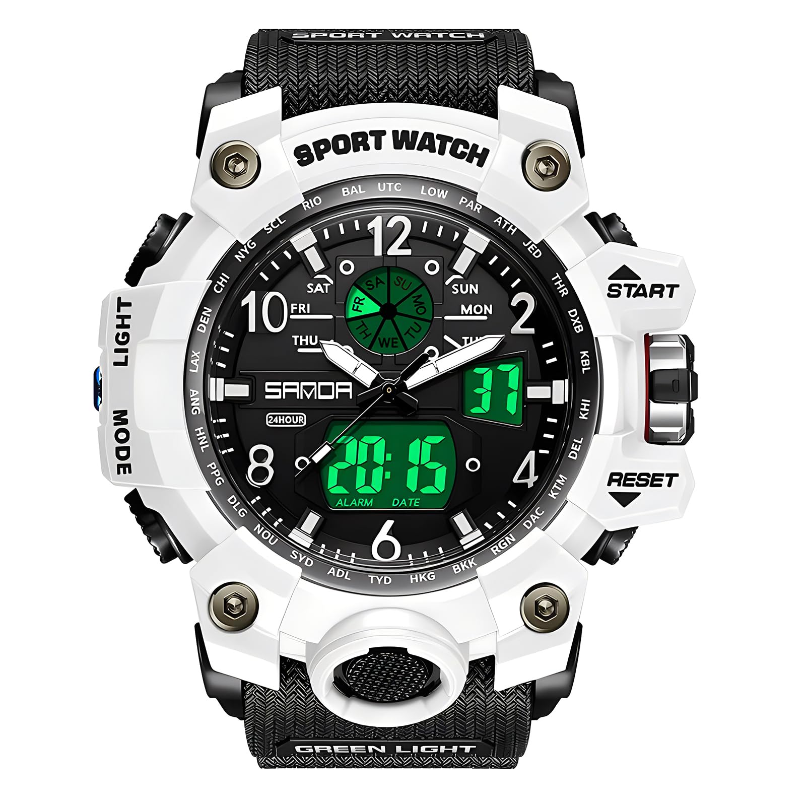 Gosasa Military Style Digital Analog Watch, Large Face 2.2", 50m Water Resistant, Dual Time Zone, Alarm, LED Backlight, Stopwatch, PU Strap
