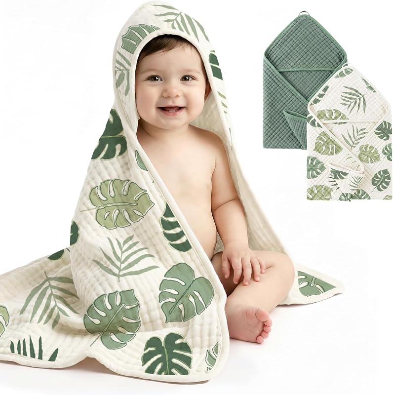 Toalla con capucha de muselina, paquete de 2 toallas de baño para bebé, 32 x 32 pulgadas | Suave y absorbente, recién nacido, bebé y niño pequeño, verde salvia y monstera, elementos esenciales para el baño del bebé