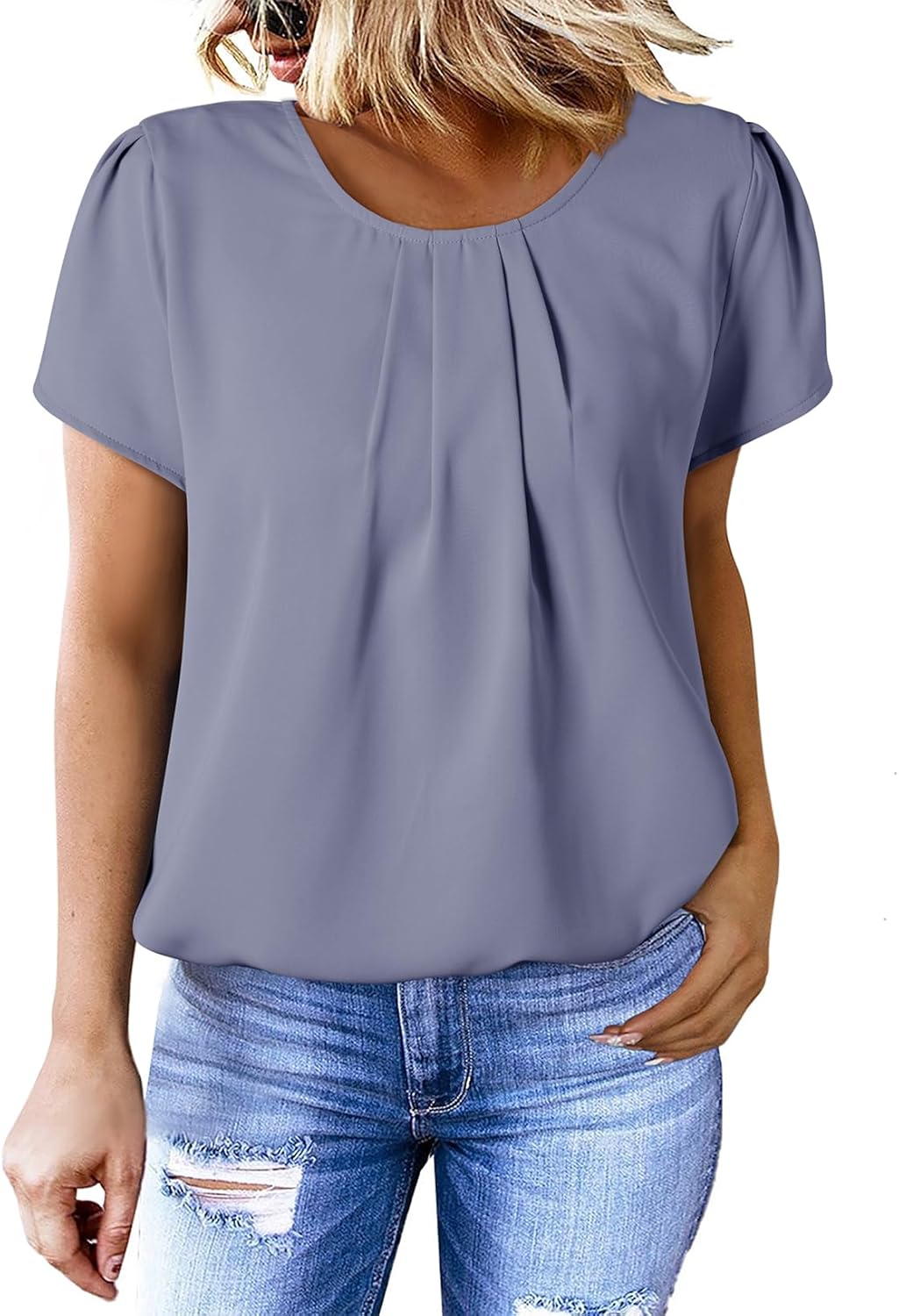 Dokotoo Women's Casual Round Neck Basic Pleated Tops Short Sleeve Loose Fit Curved Back Chiffon Blouses Tshirts - Image 2