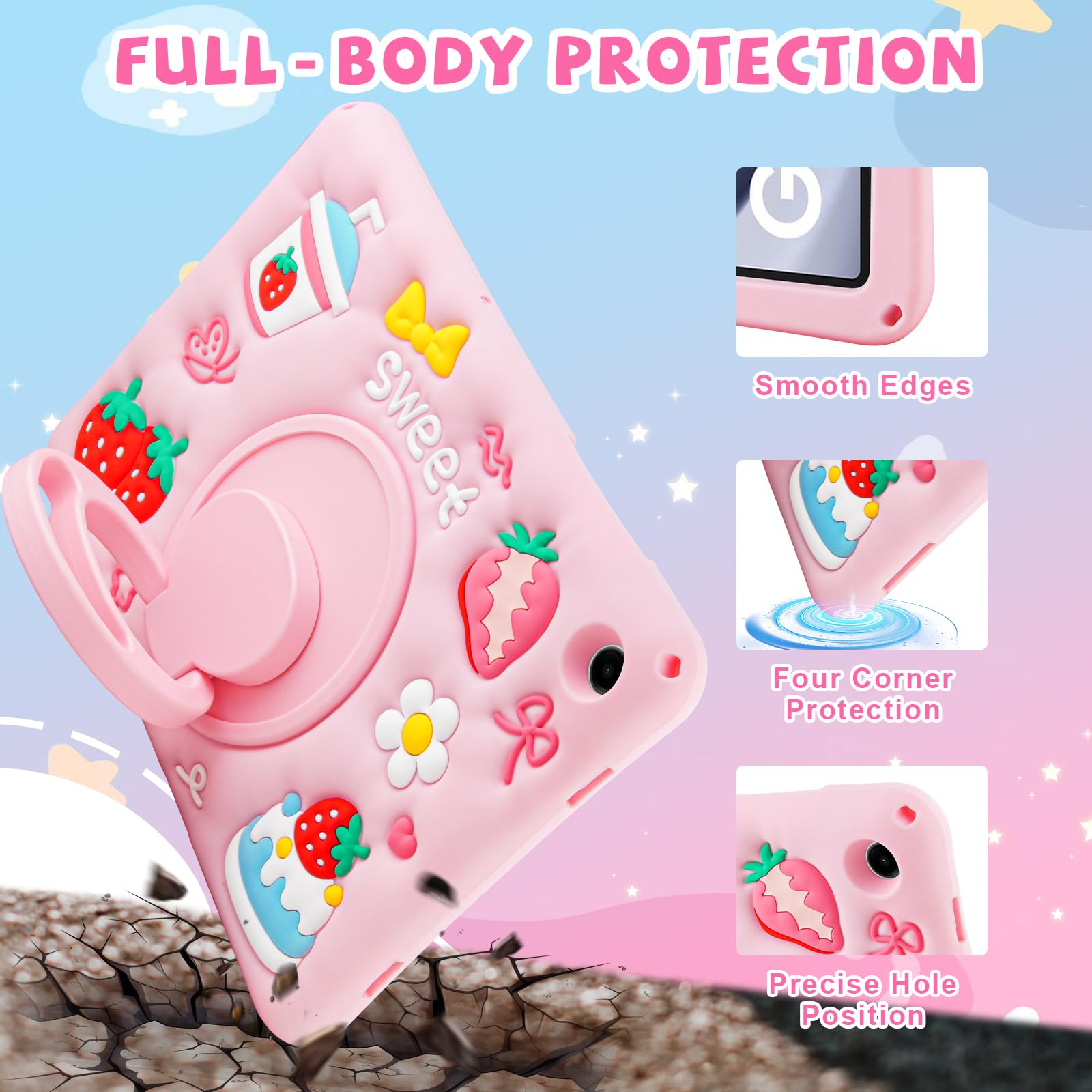 Coque pour Samsung Galaxy Tab A11+ Plus 2025/A9+ Plus 11 Pouces 2025/2023 pour Enfants Filles Protection Antichoc pour Samsung A11+ avec Sangle Ajustable/Support Rotatif à 360°-Rose