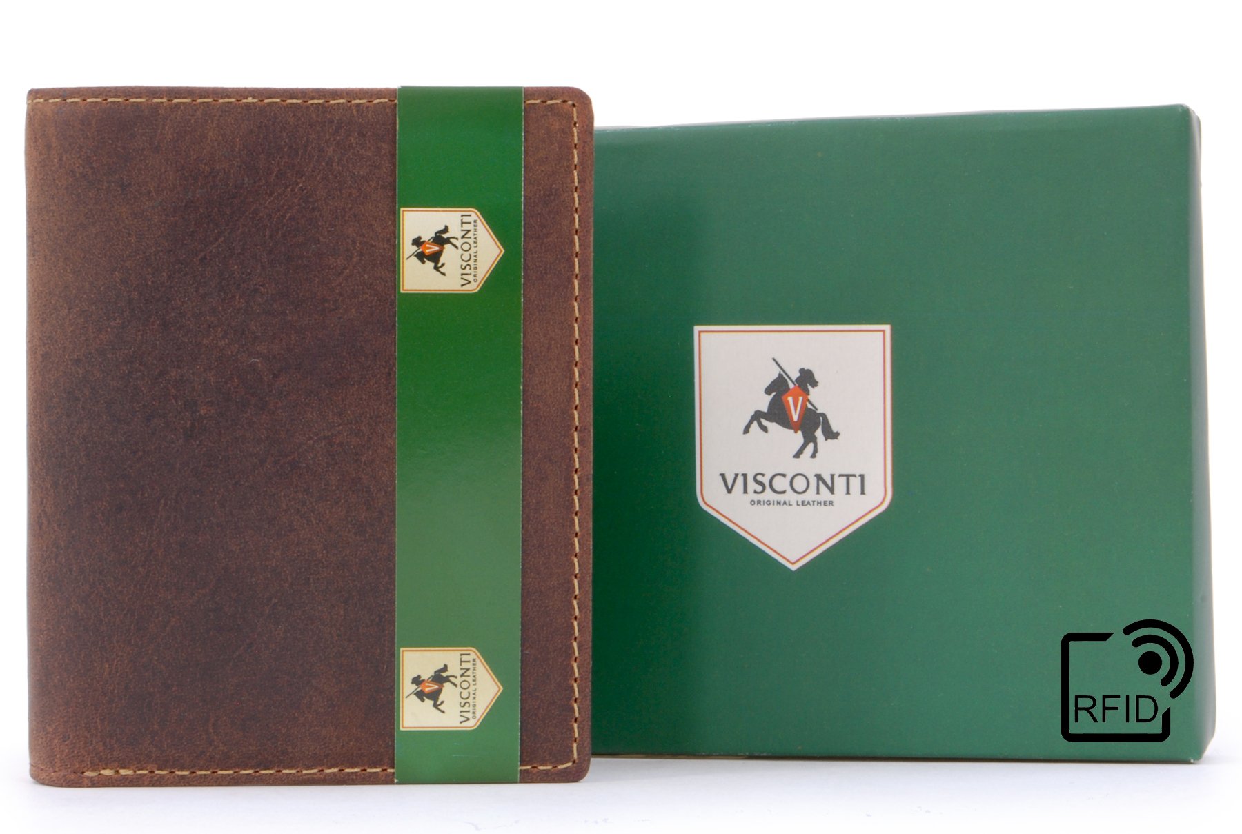 VISCONTI - Portafoglio Uomo Compatto in Pelle - Porta Carte di Credito per 6 Carte con Portamonete - Due Pieghe - RFID - 705 Arrow Olio Marrone Chiaro