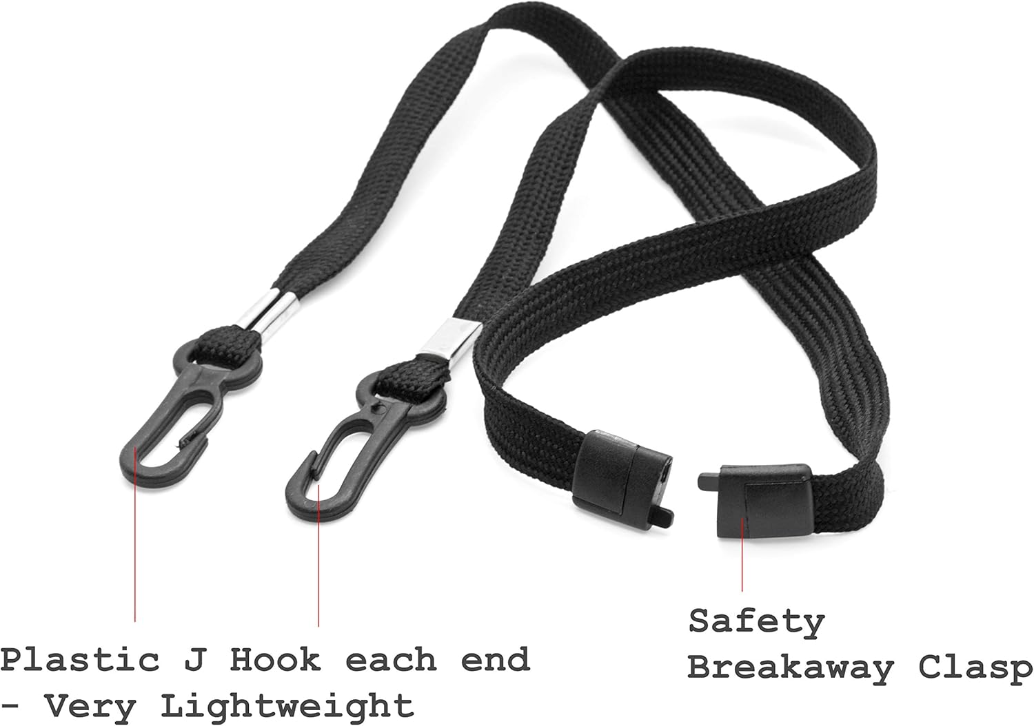 ONDEPOT 100PCS 3/8" Open End Breakaway ID Neck Lanyards with Plastic J Hook on each ends for Face Masks/ID Cards/Badges (Black)