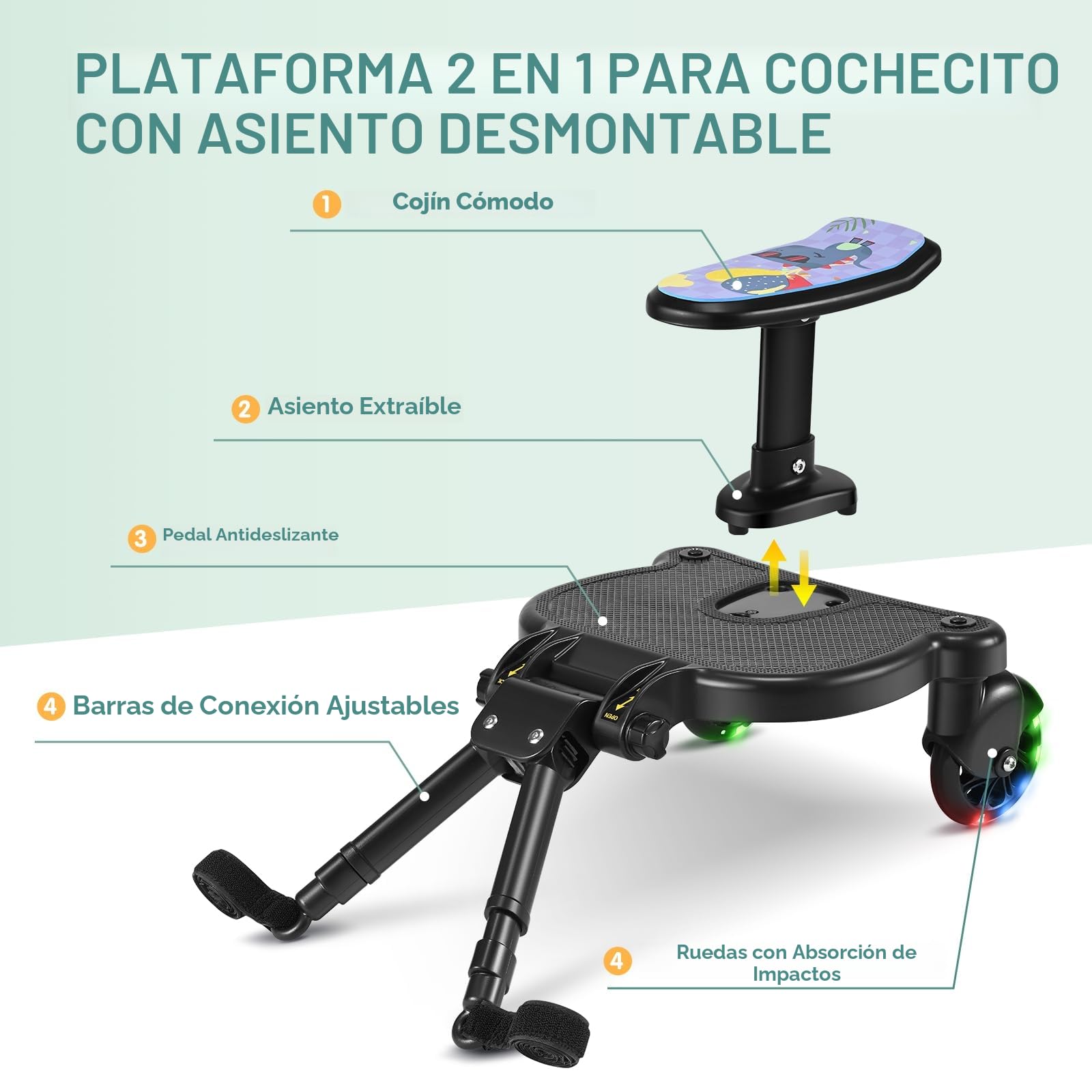 Patinete Carro Bebe Universal, Tabla para Cochecito con Asiento Estampado, Buggy Board con Ruedas Intermitentes, Compatible con Más del 99% de Los Cochecitos, Cargar 25KG