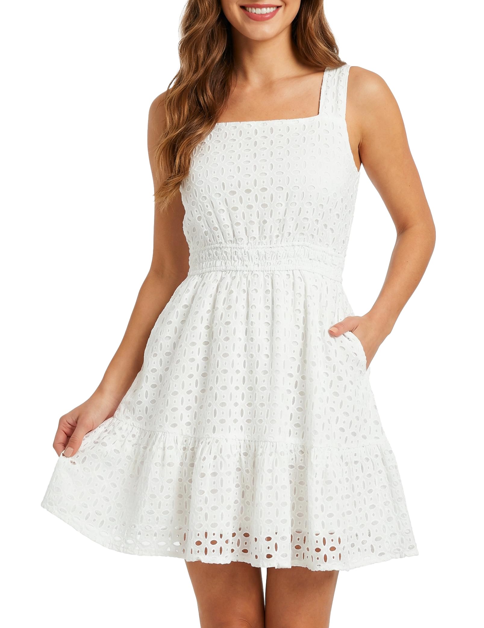 ZENUTA Summer Dress for Women Square Neck Eyelet Sleeveless Smocked Waist A-Line with Pockets Casual Cotton Beach Midi Dress