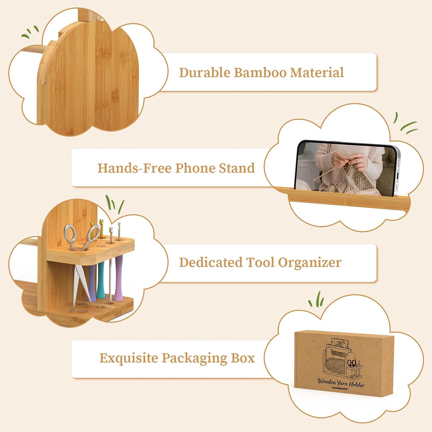 sandpaint Yarn Holder for Crocheting, Durable Bamboo Wood Yarn Storage Organizer with Built-in Phone Stand, Tangle-Free Dual Rods & Tool Holder, Ideal Crochet Accessories for Skein, Cake, Ball Yarn