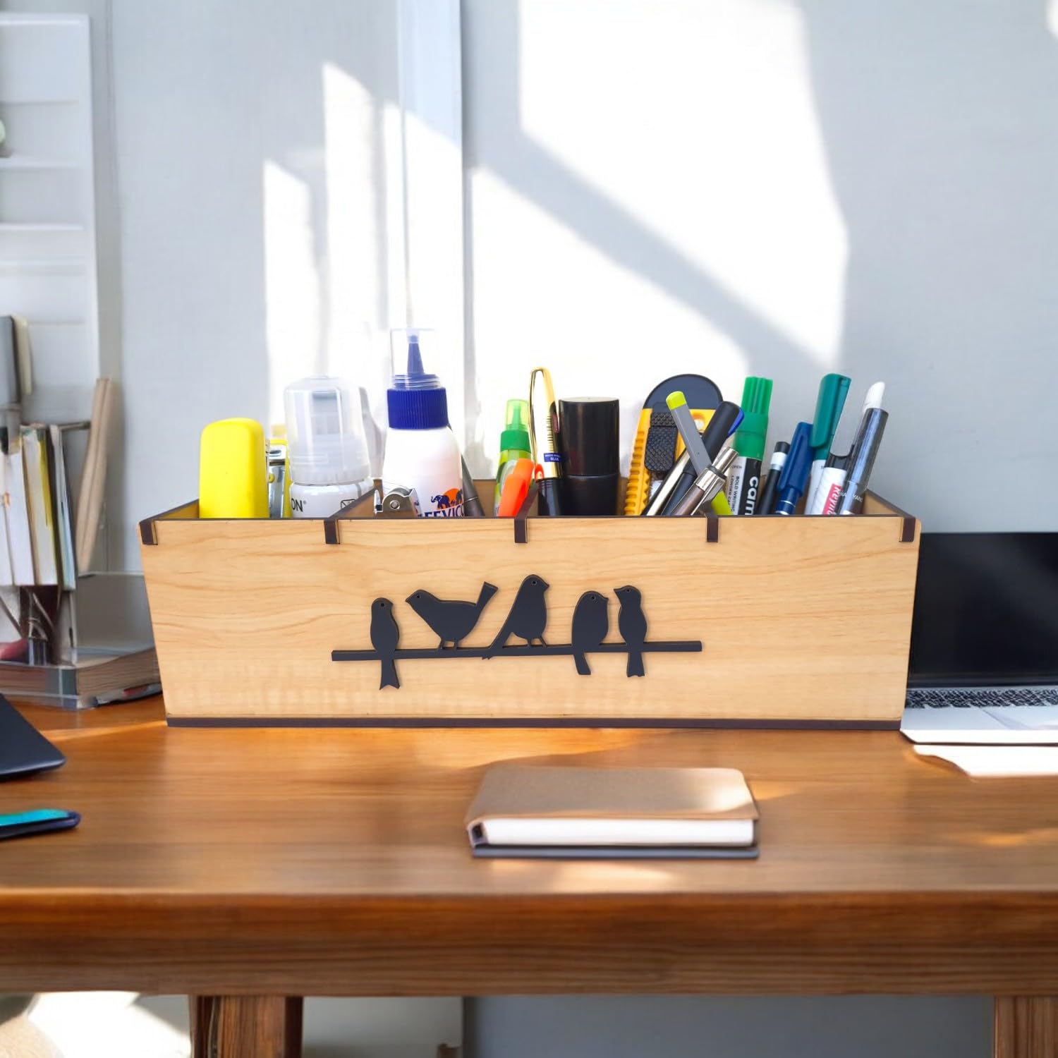 giftingcare Wooden Desk Organizer with 4 Compartments, Pen Stand and Stationery Storage for Office and Home (Brown)