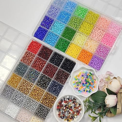 8600 Pcs 4Mm 6/0 48 Colors Glass Seed Beads, Charms Bracelet Jewelry Making Beads Kit Gifts Small Craft Glass Beads With Beading Elastic String For Bracelets Earrings Necklaces Making（48 Colors） #TOP2