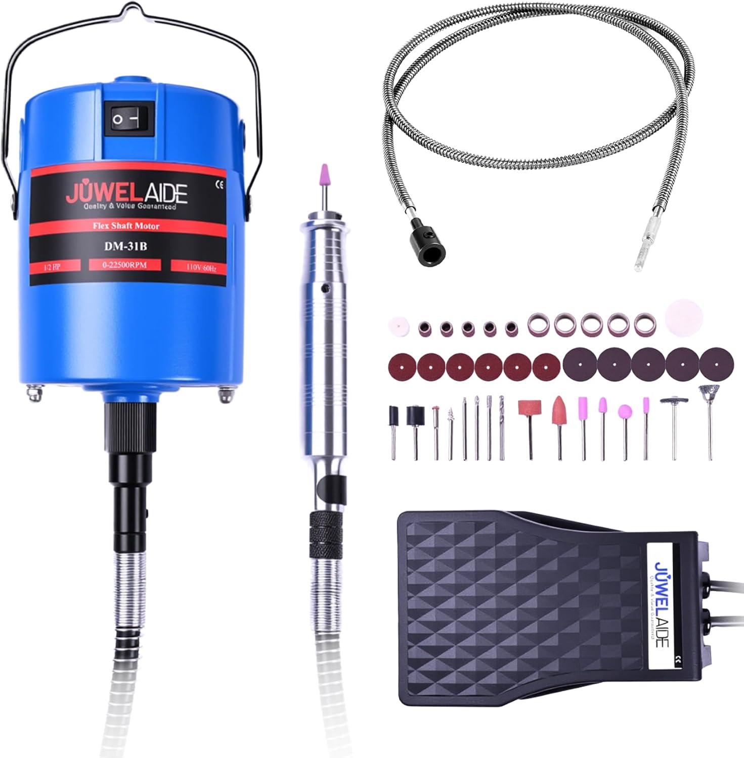Flex Shaft Grinder Rotary Tool Kit - Variable Speed Electric Grinder w/Flexible Shaft, Foot Pedal Control & Ergonomic Handpiece - Jewelry Polishing, Carving, Cutting, Grinding & Engraving
