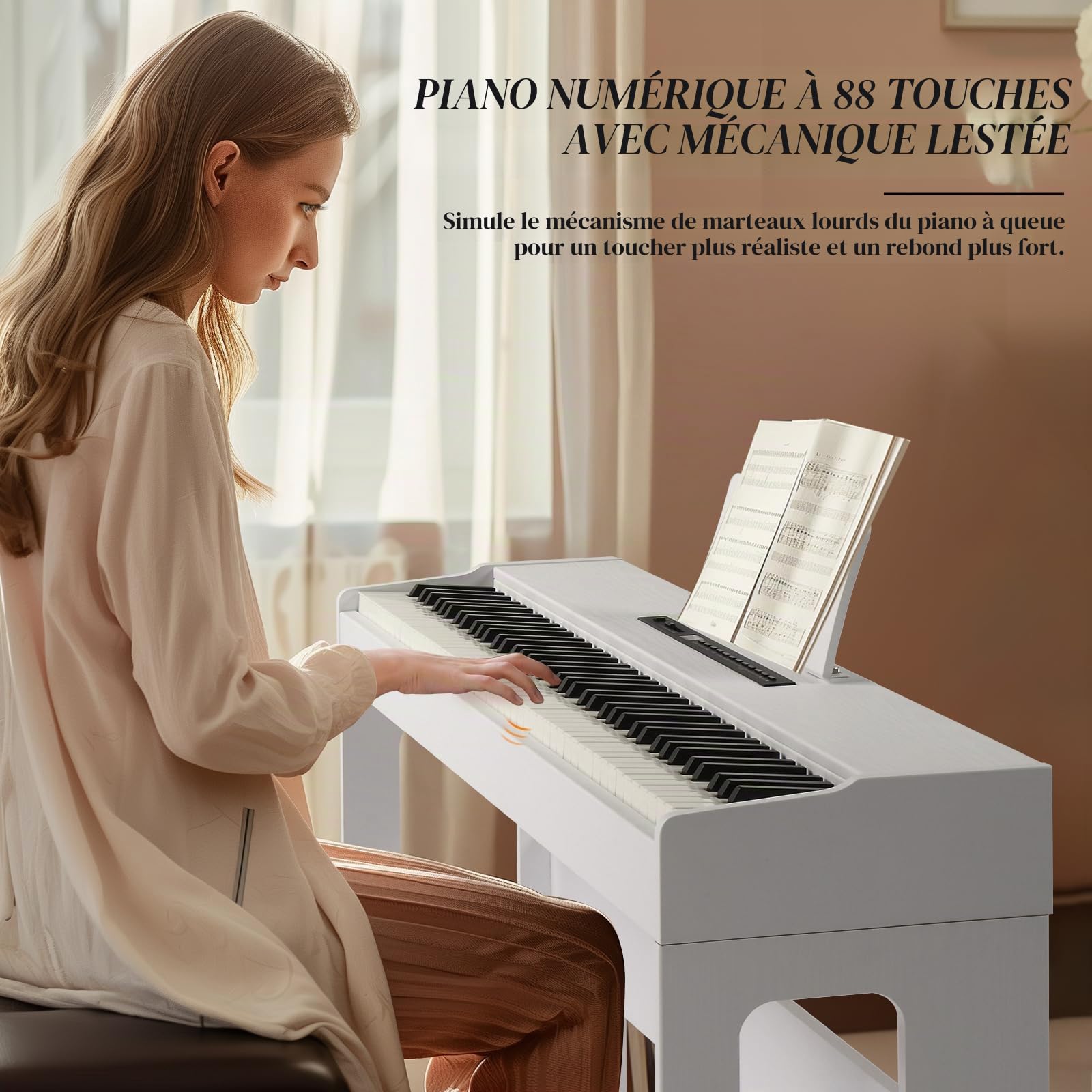LALAHO Piano numérique 88 touches à action pondérée avec unité à 3 pédales, double Bluetooth, fonctions de contrôle Split/Touch/Transpose (blanc)