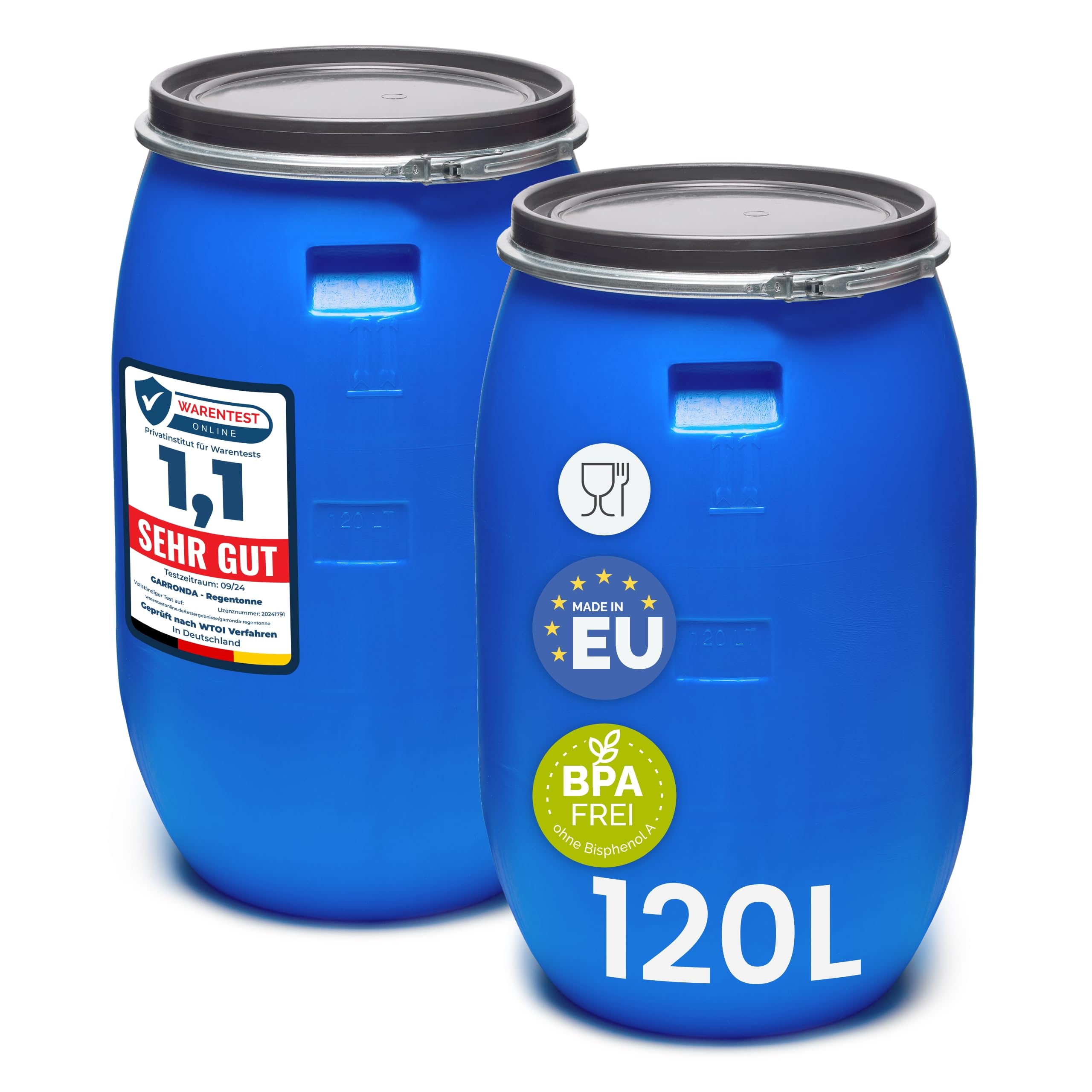 Garronda Lot de 2 réservoir d'eau de 120 L, Baril Alimentaire, fût à Large Ouverture en HDPE et sans BPA, tonneau de Jardin, bac à Aliments pour Animaux, conteneur d'eau, tonneau Universel GD-0078