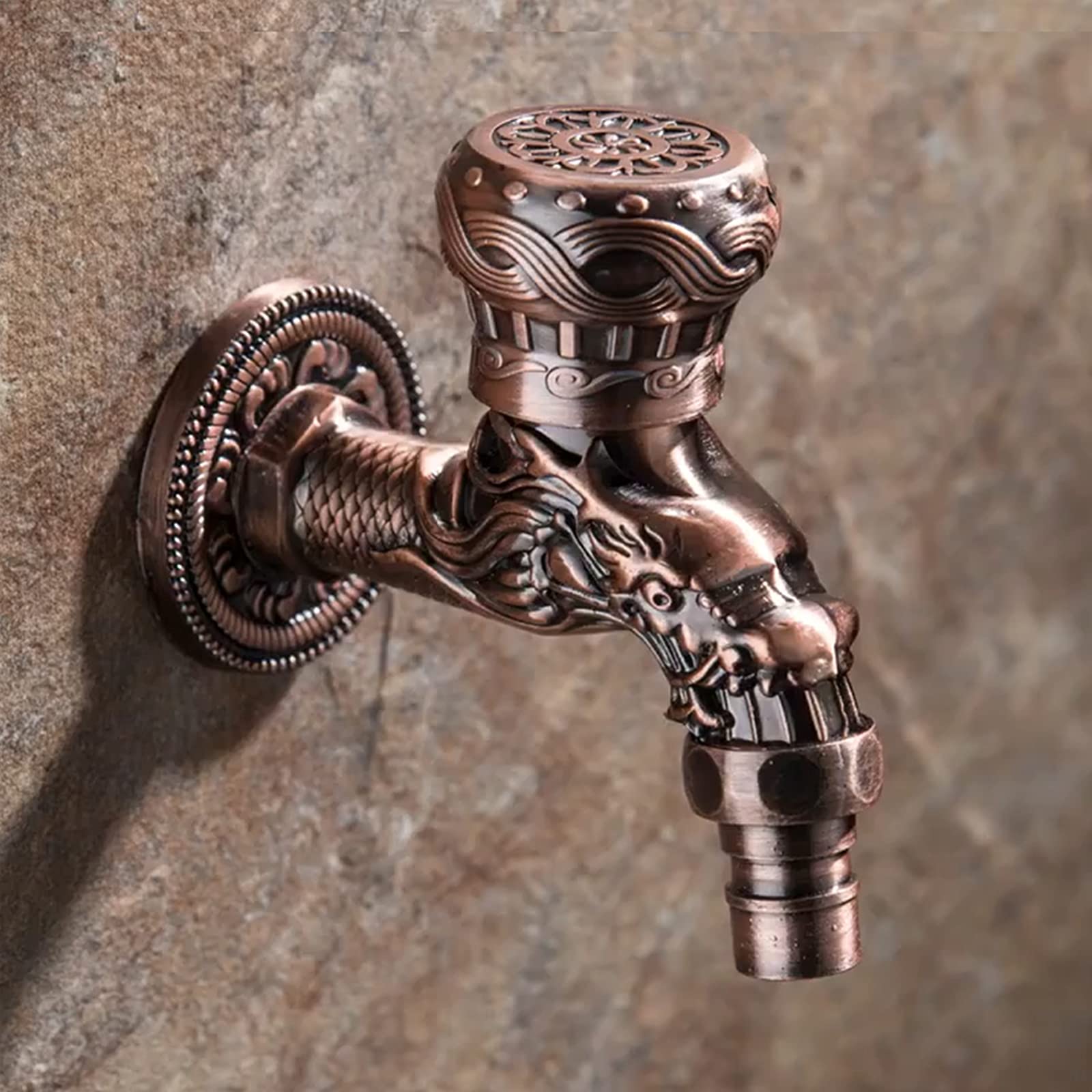 ZYCHSJXA Wall Mount Tap Bibcock Antique Carved Zinc Alloy Retro Decorative Garden Faucet Single Hole Washing Machine Mop WC Outdoor Taps
