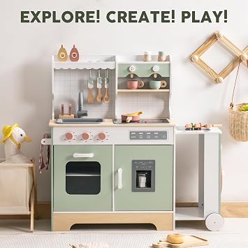 ROBOTIME Wooden Kitchen Play Set for Kids Play Kitchen, Ice Maker, Barbecue, Dishwasher, Toddler Kitchen with Lights & Sounds Pretend Play for 3+ Years Old