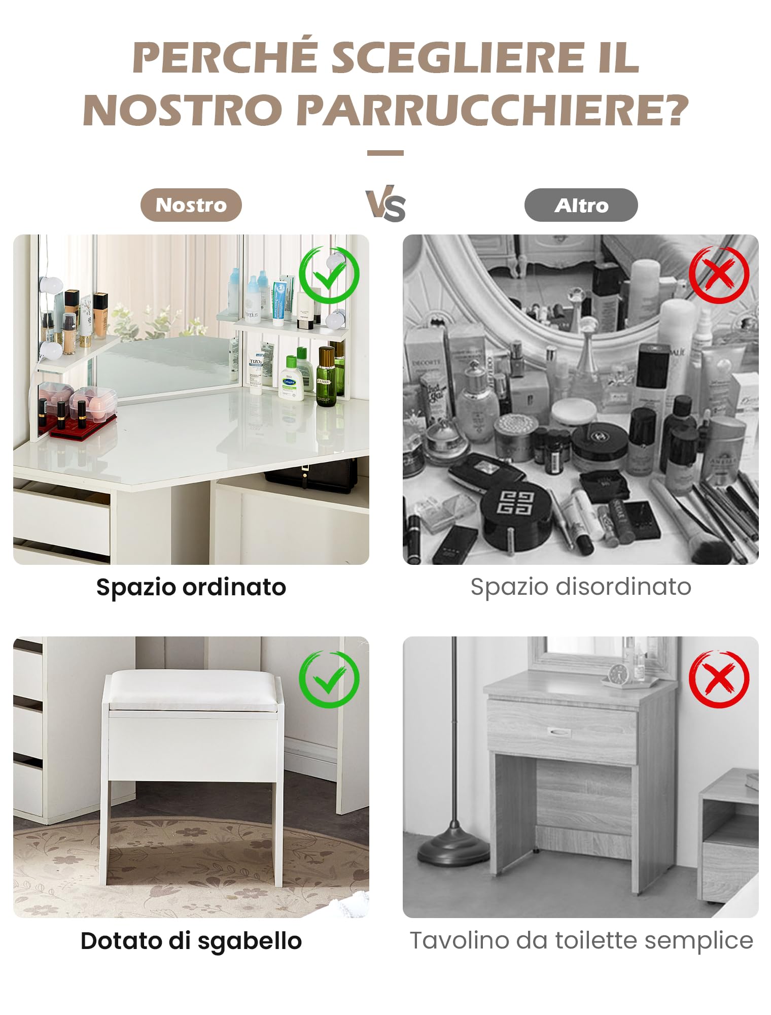 TUKAILAi Toeletta con Specchio Tre Lati, Toeletta da Trucco Moderno con Luci LED y Sgabello, Tavolo da Trucco Angolare Bianco con 5 Cassettis e 2 Mensole Aperte 114 * 61 * 140cm Camere da Letto