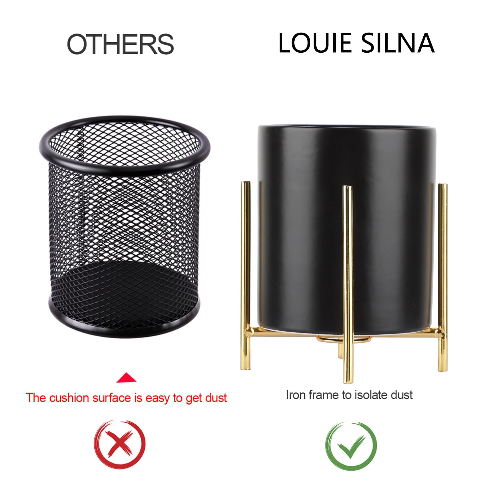 LOUIE SILNA Ceramic Pen Holder with Gold Metal Stand, Modern Round Desk Organizer - Image 2