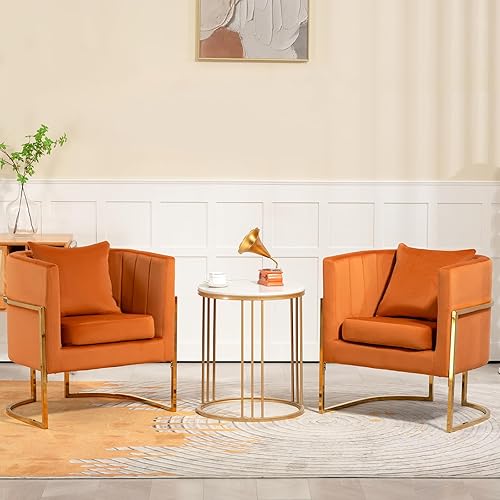 Velvet Modern Accent Chairs Set of 2, Upholstered Barrel Armchair Mid Century with Pillow for Living Room, Comfy Single Vanity Chair with Metal Gold Legs for Bedroom, Orange